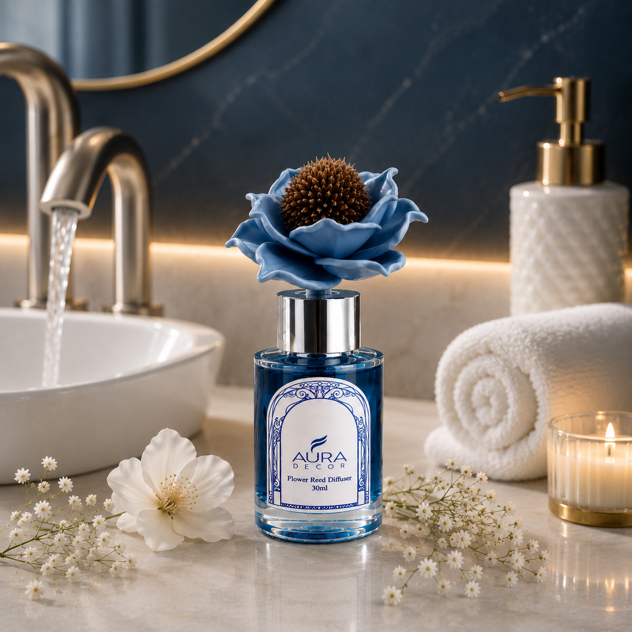 Auradecor White Bloom Reed Diffuser with Color Changing Flower