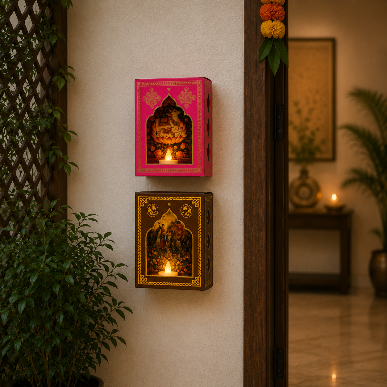 Traditional Jharokha Wall Decor Set with LED Candles | Festive Indian Home Decoration