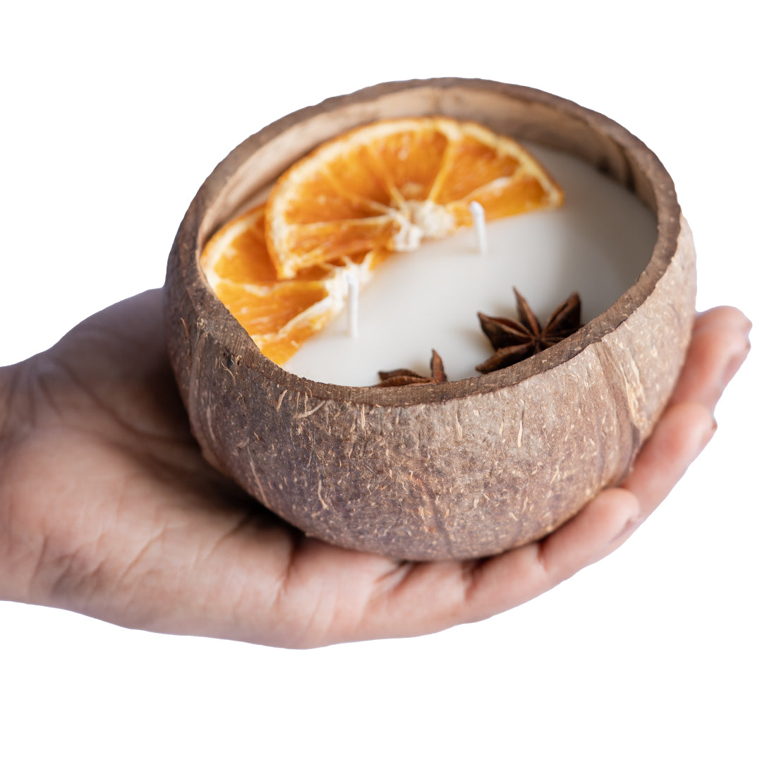 Coconut Shell Candle/Diya | Eco-Friendly Candles - Orange & Spice, Large 300gm (Set of 1)