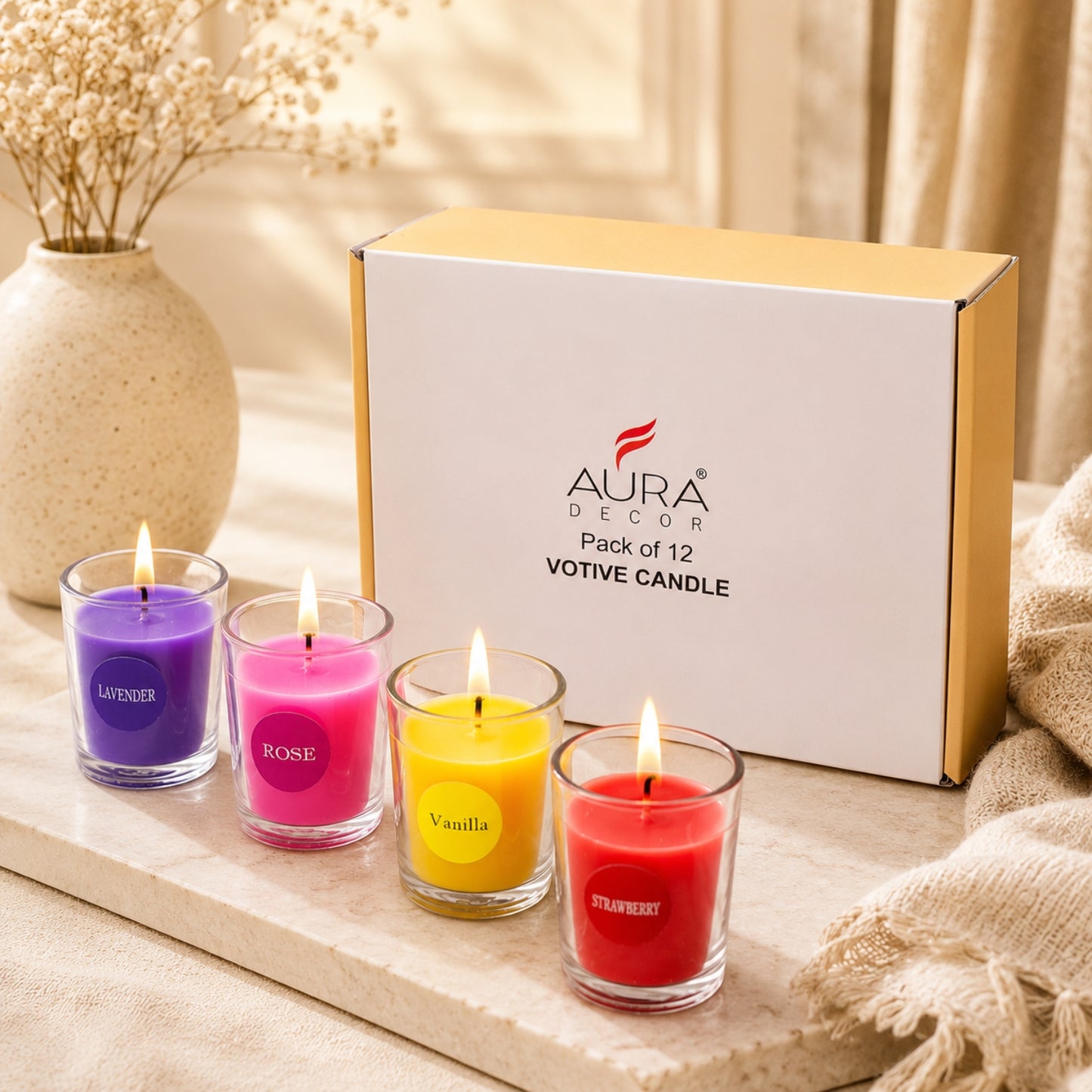 Bulk Buy AuraDecor Set of 12 Fragrance Votive Glass Candles || Burn Upto 12 Hour (MOQ 8)