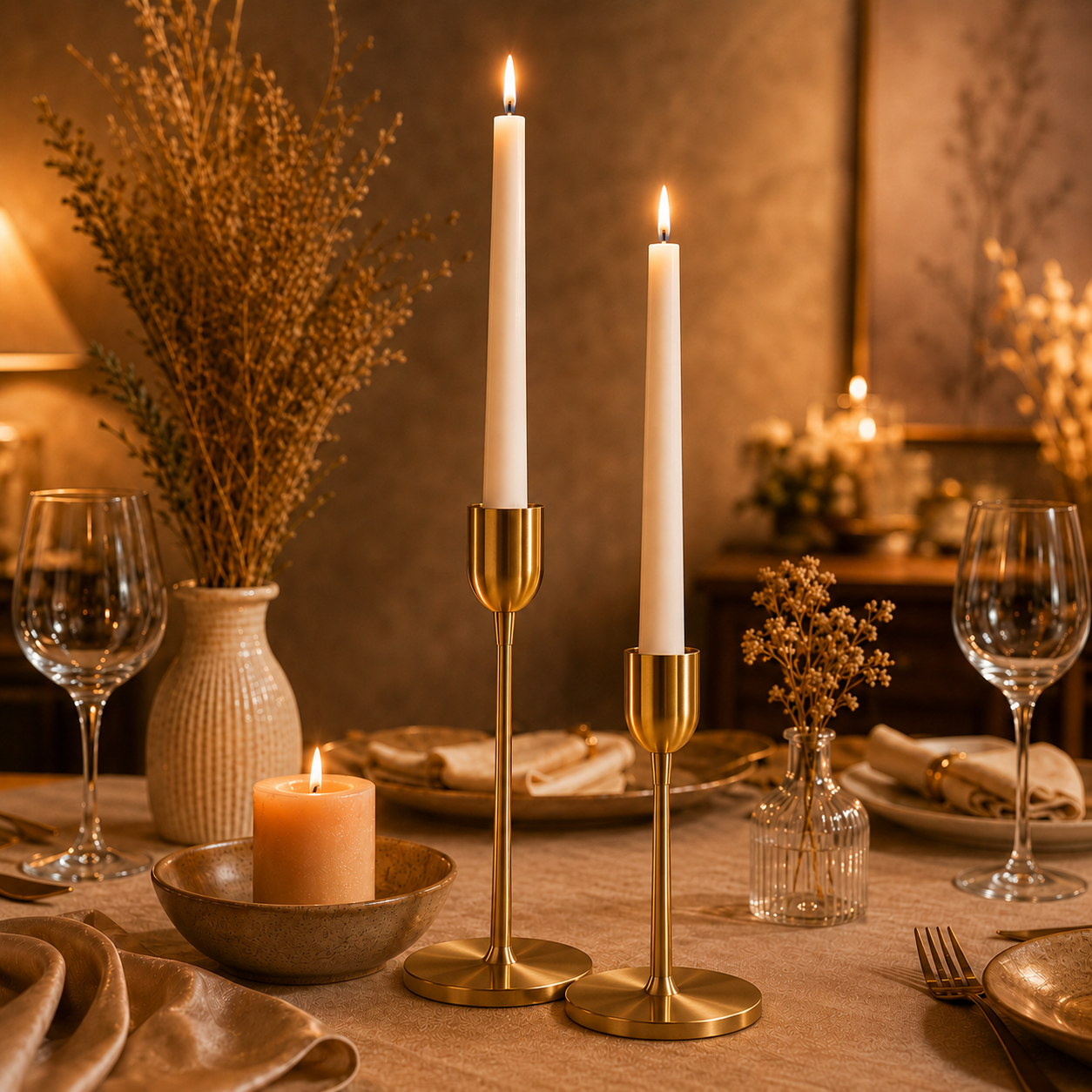 AuraDecor Luxury Dinner Candle Set 2 with Gold Metal Holders | Set of 2 Taper Candles | Premium Gift Box