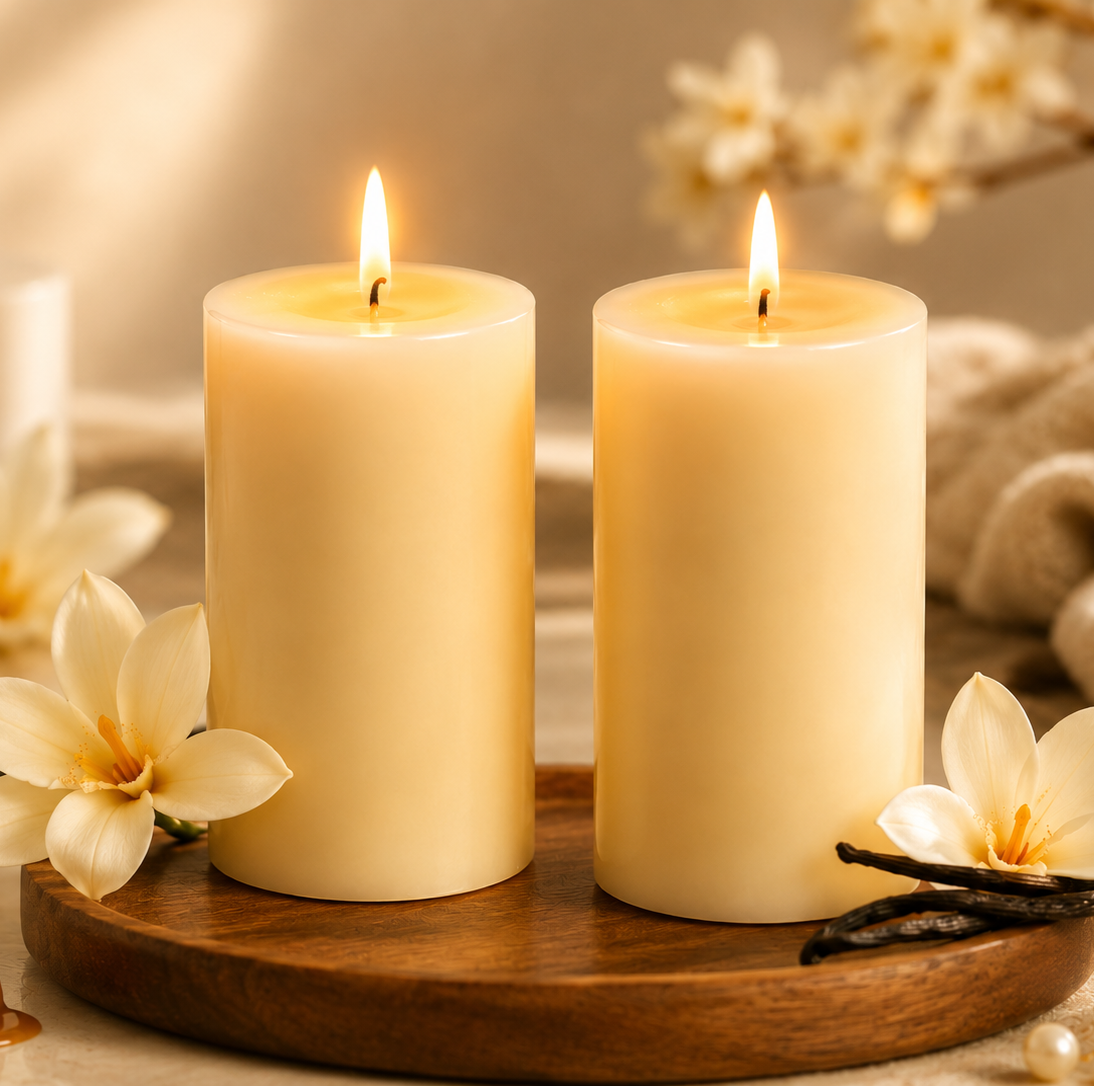 AuraDecor Scented Pillar Candles Set of 2 | (25 Hours Burn Time Master pack of 50)