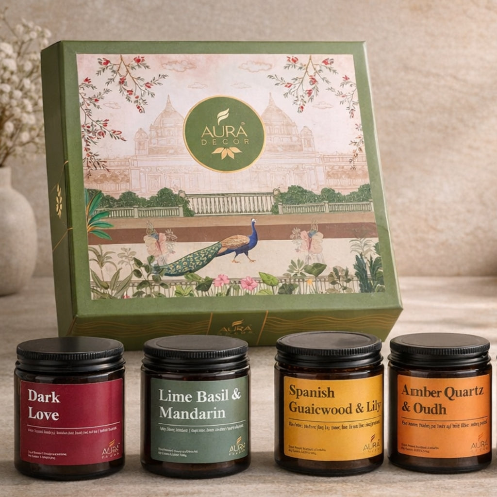 AuraDecor Premium Amber Jar Scented Candle Set of 4 Gift Set in 2 Variants