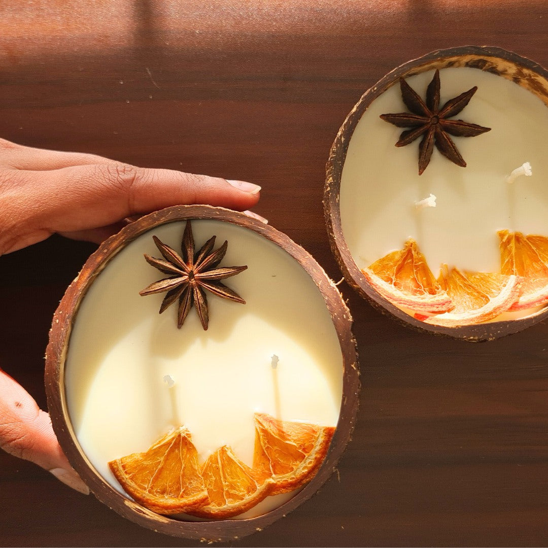 Coconut Shell Candle/Diya | Eco-Friendly Candles - Orange & Spice, Large 300gm (Set of 1)