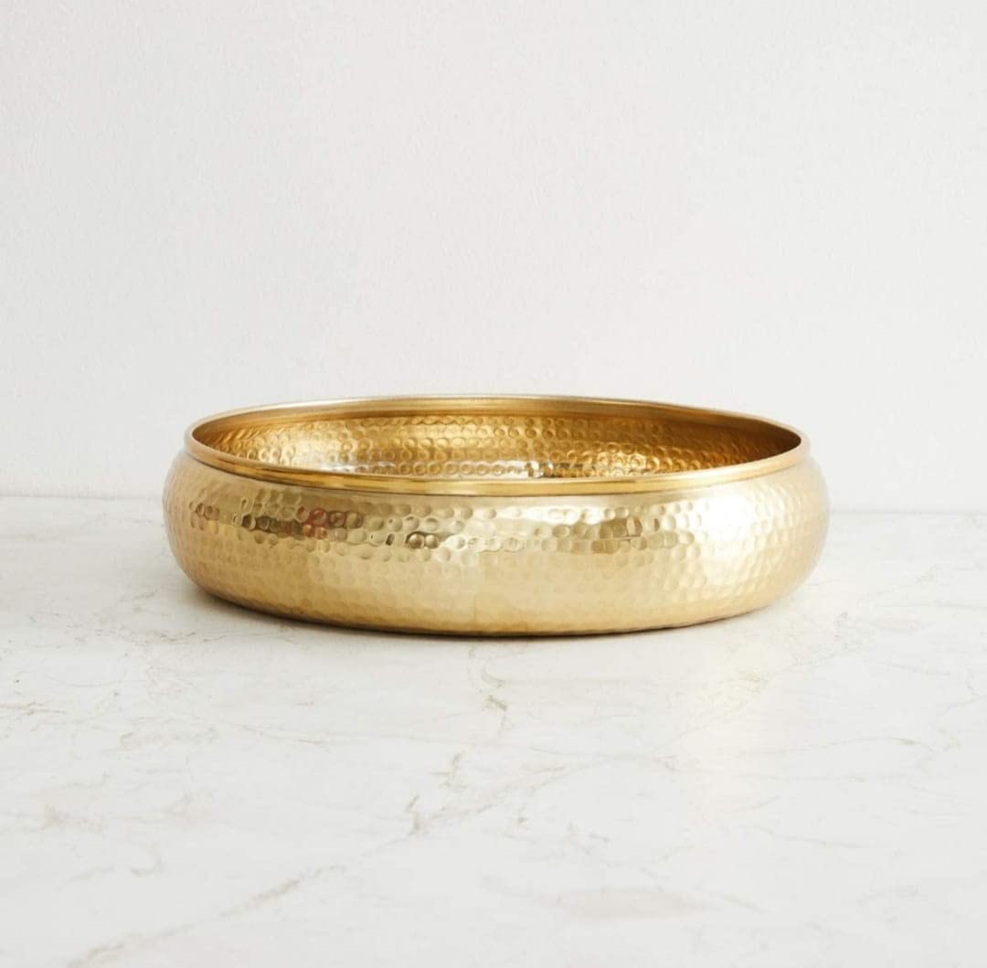AuraDecor Decorative Urli Bowl for Floating Flowers, Potpourri and Tea-Light Candles Home, Office and Table Decor (Hammerd Golden Urli 12 Inch Dia)