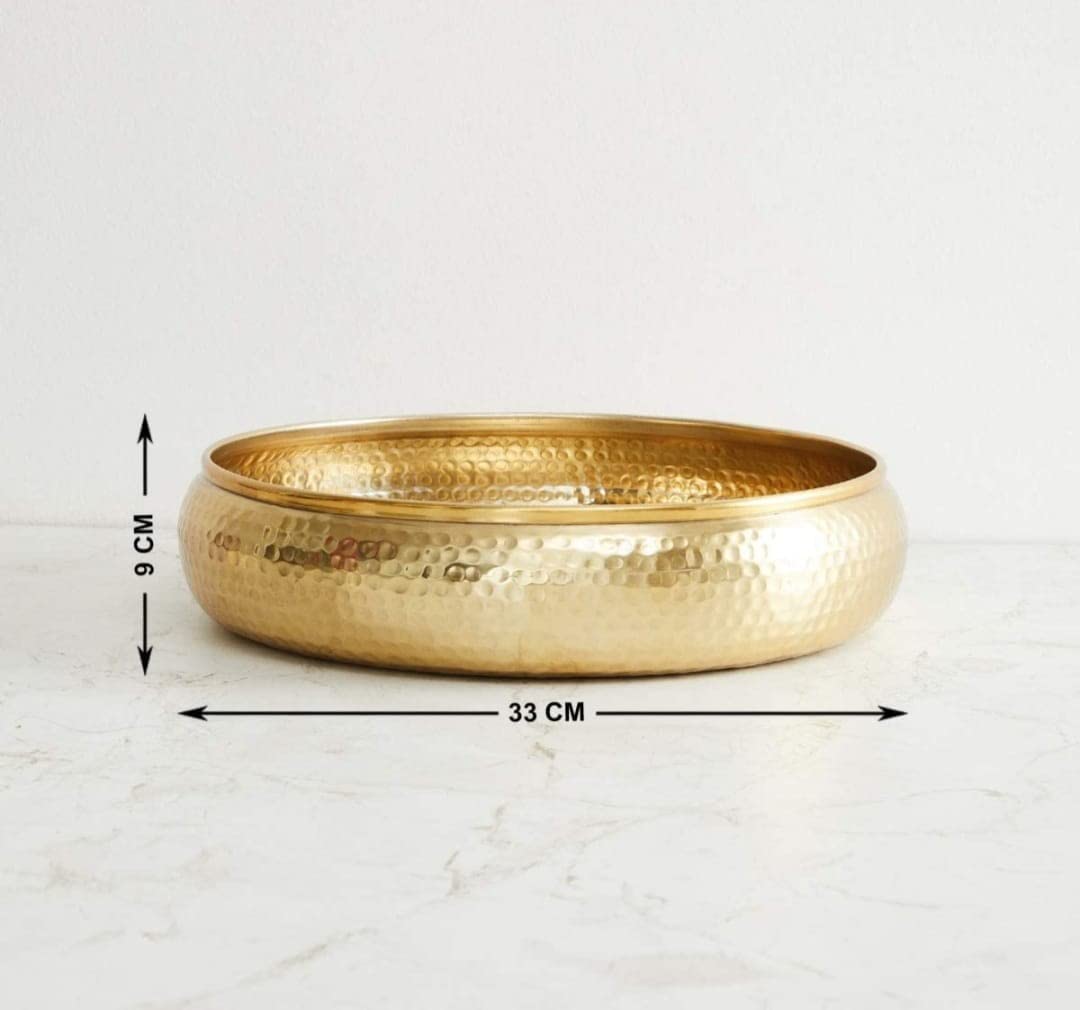 AuraDecor Decorative Urli Bowl for Floating Flowers, Potpourri and Tea-Light Candles Home, Office and Table Decor (Hammerd Golden Urli 12 Inch Dia)