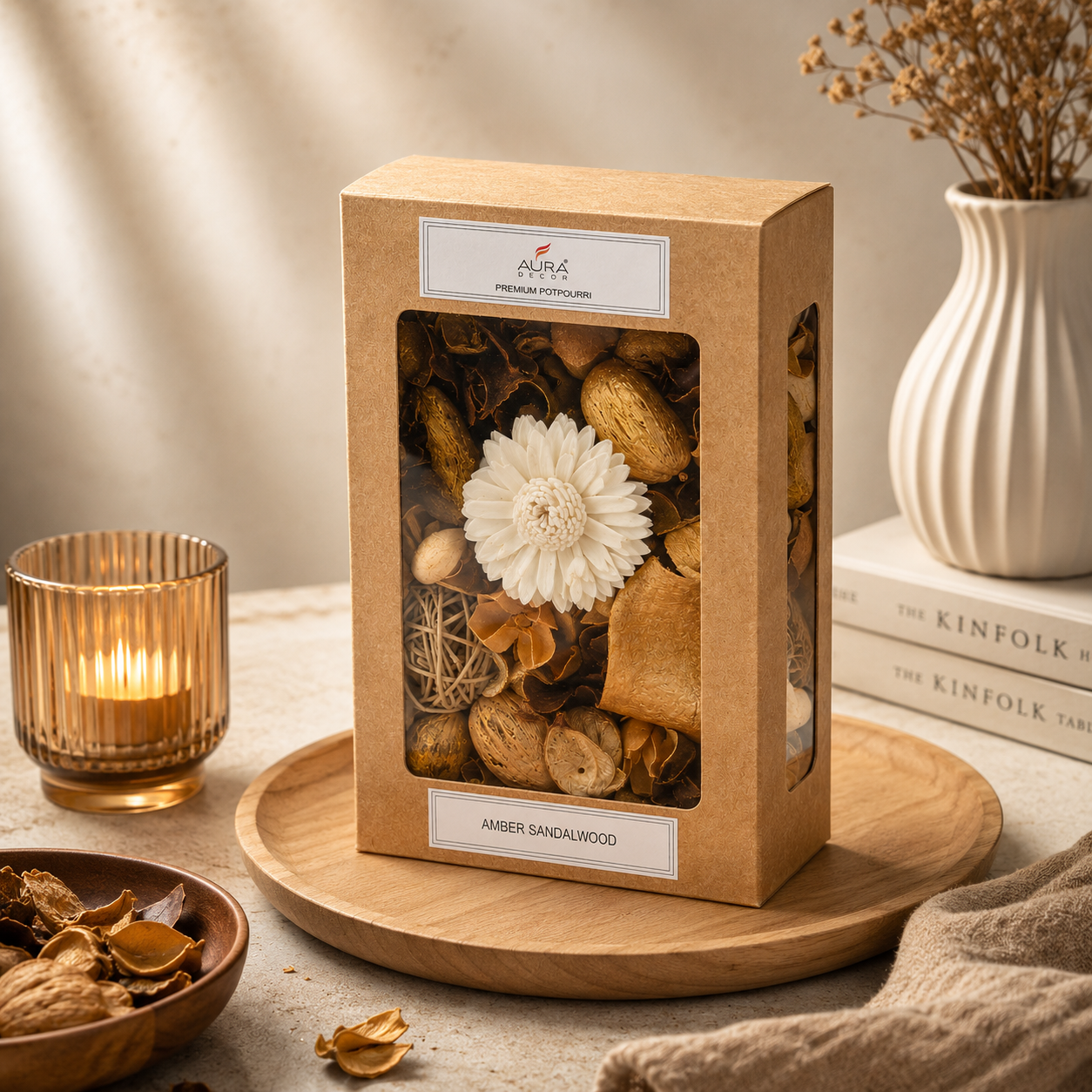 AuraDecor Premium Potpourri Box – Amber Sandalwood Fragrance (200g)| Decorative Dried Flowers & Natural Botanicals|