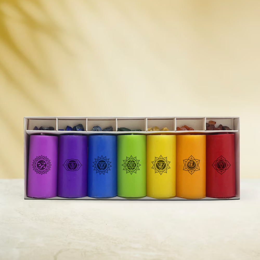 AuraDecor 7 Chakras Pillar Candles with 7 Chakras Gems