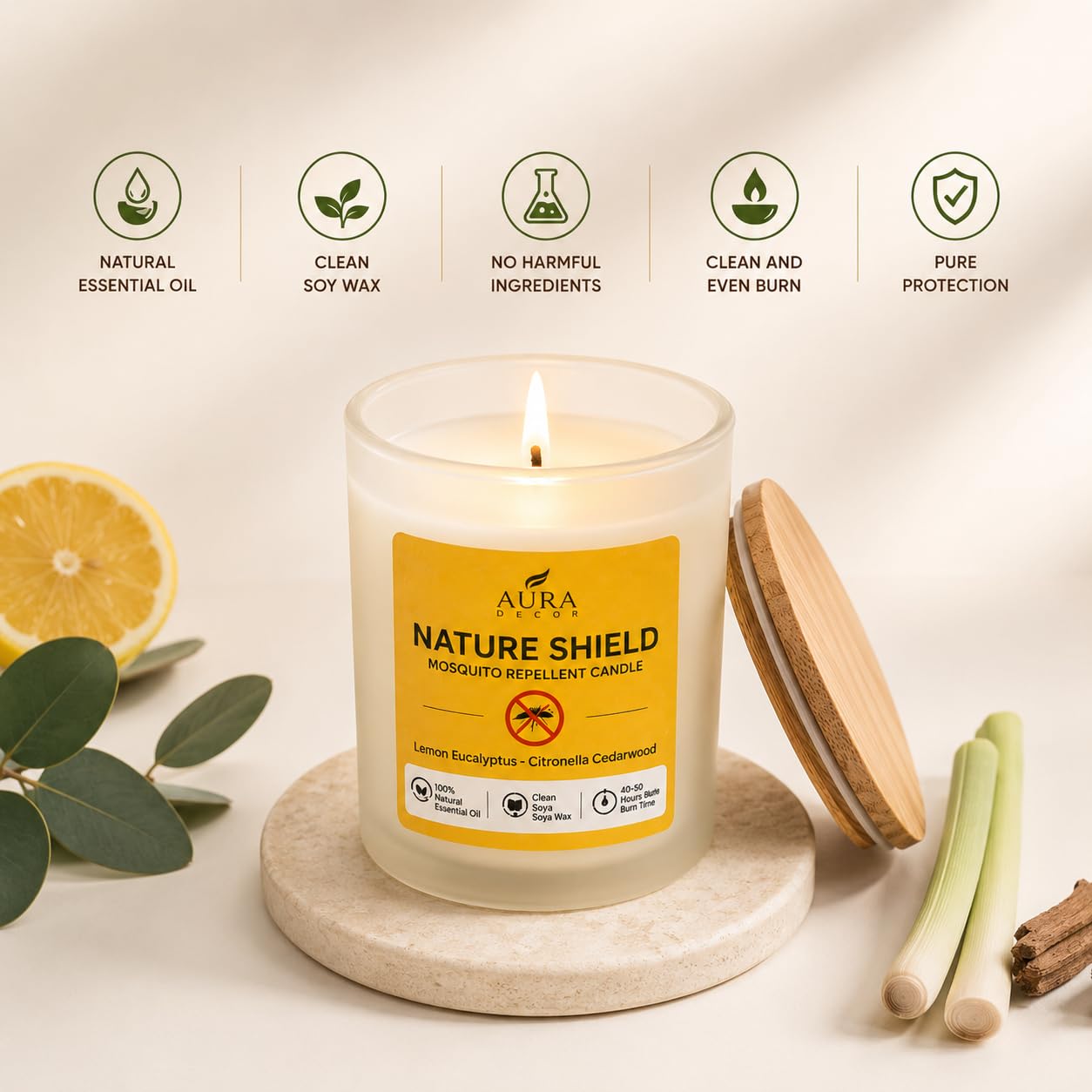 AuraDecor Nature Shield Mosquito Repellent Soy Wax Candle | Natural Anti-Mosquito Candle | 40-50 Hours Burn Time
