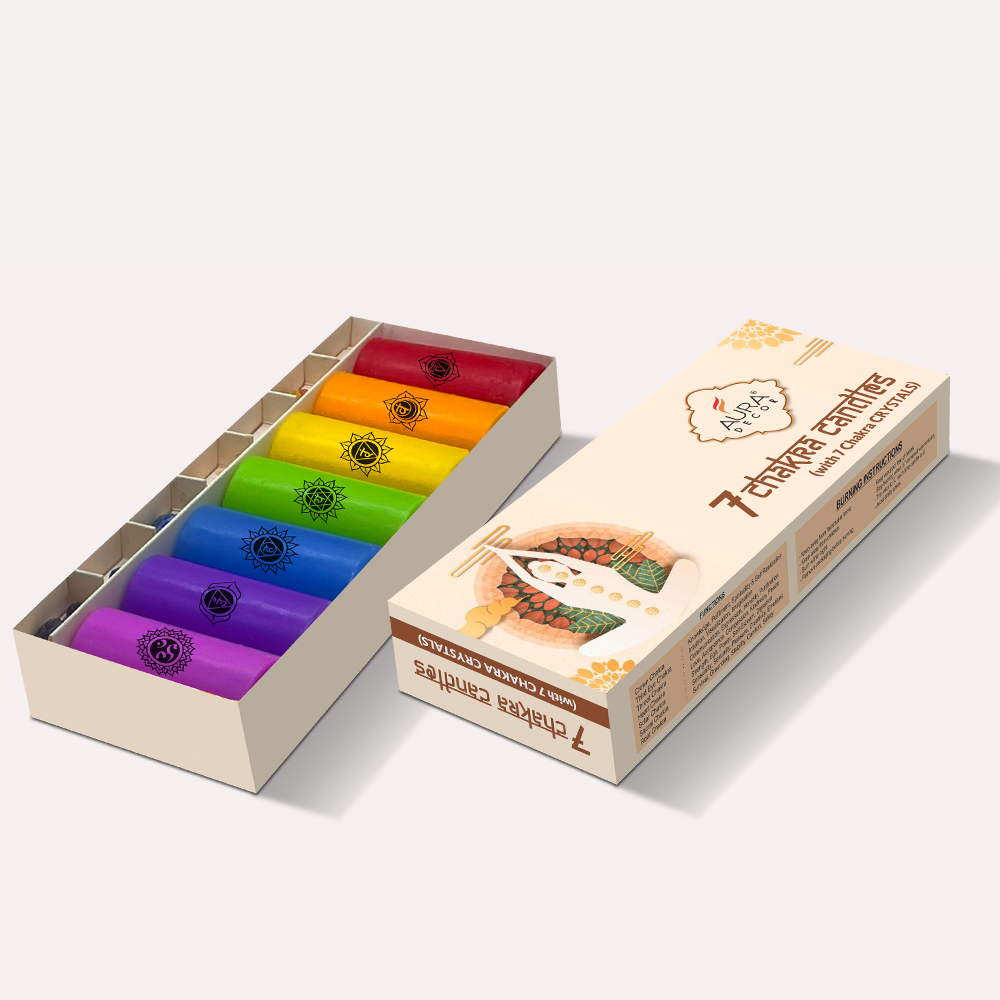 AuraDecor 7 Chakras Pillar Candles with 7 Chakras Gems