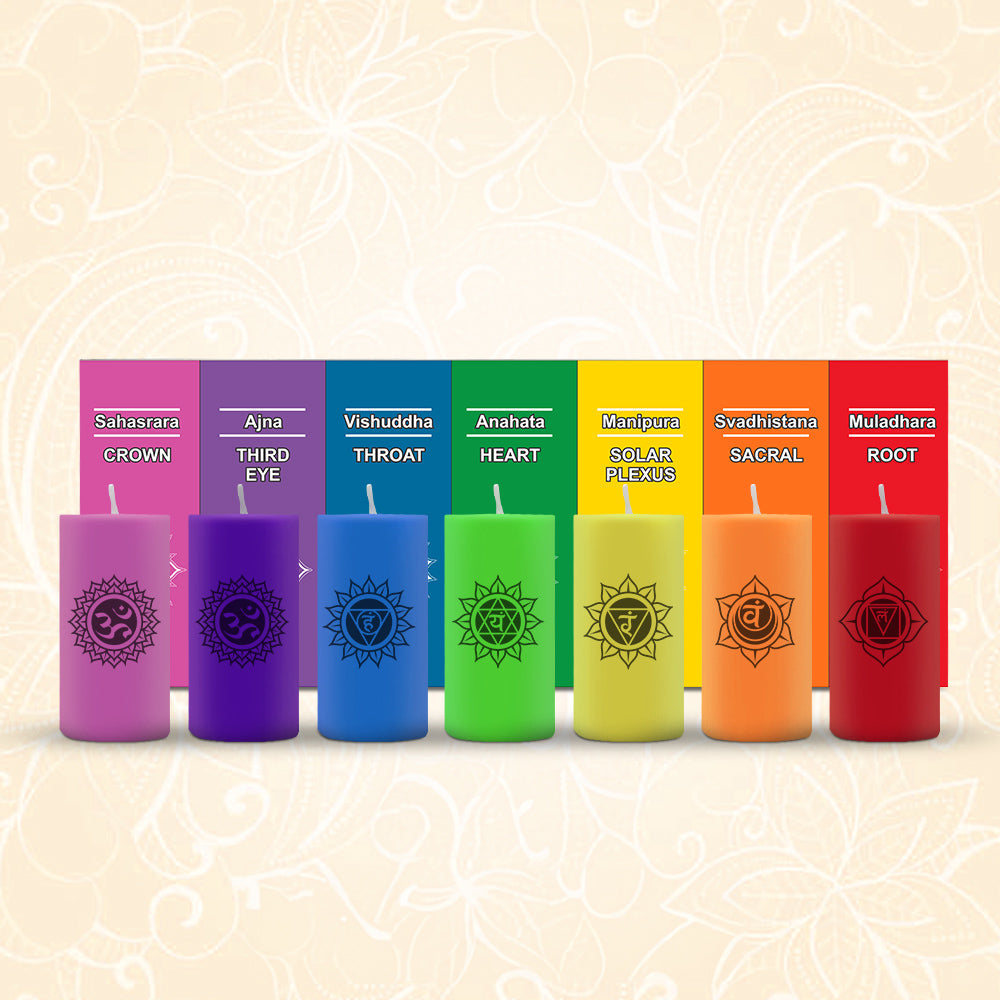 Bulk Buy AuraDecor 7 Chakras Pillar Candles with 7 Chakras Gems ( 15 Sets )