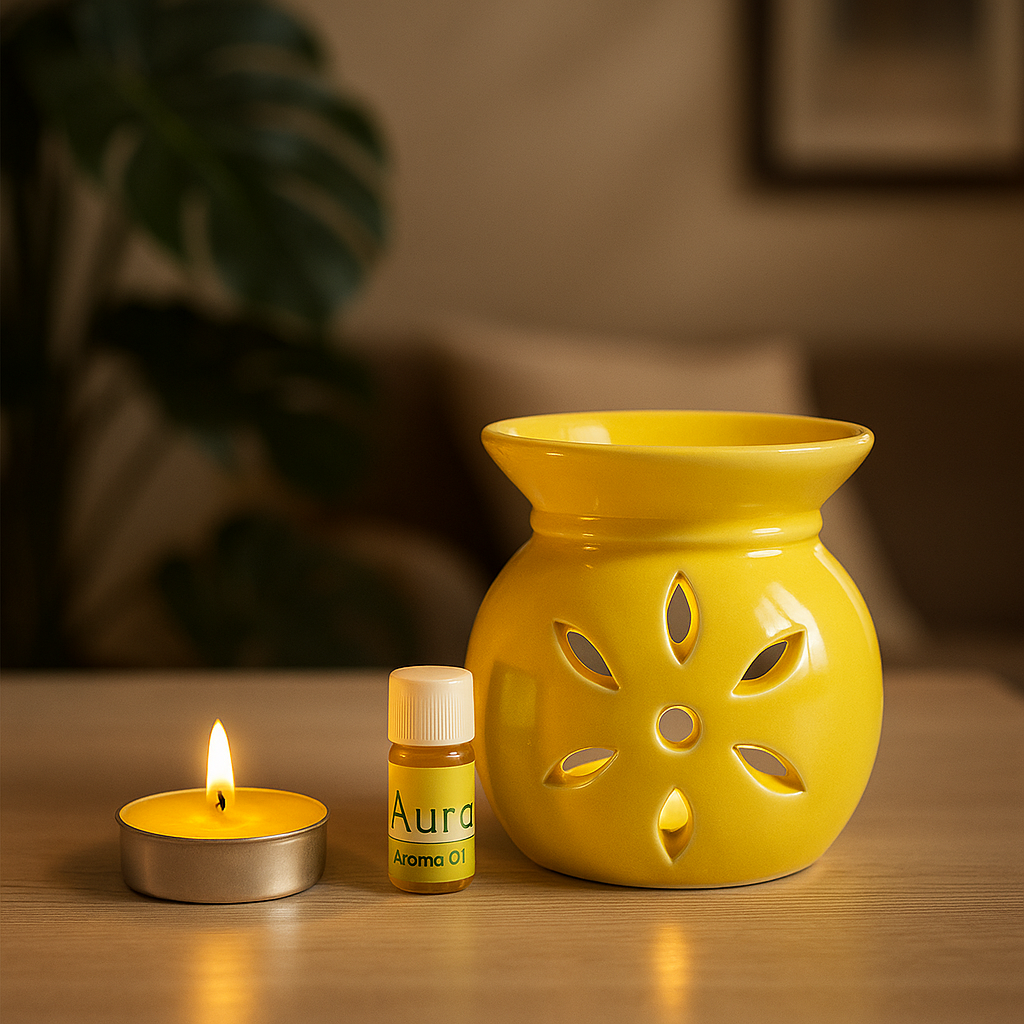 AuraDecor Set of 2 Assorted Aroma Oil Burner with Tealights & 5 ml Aroma Oil