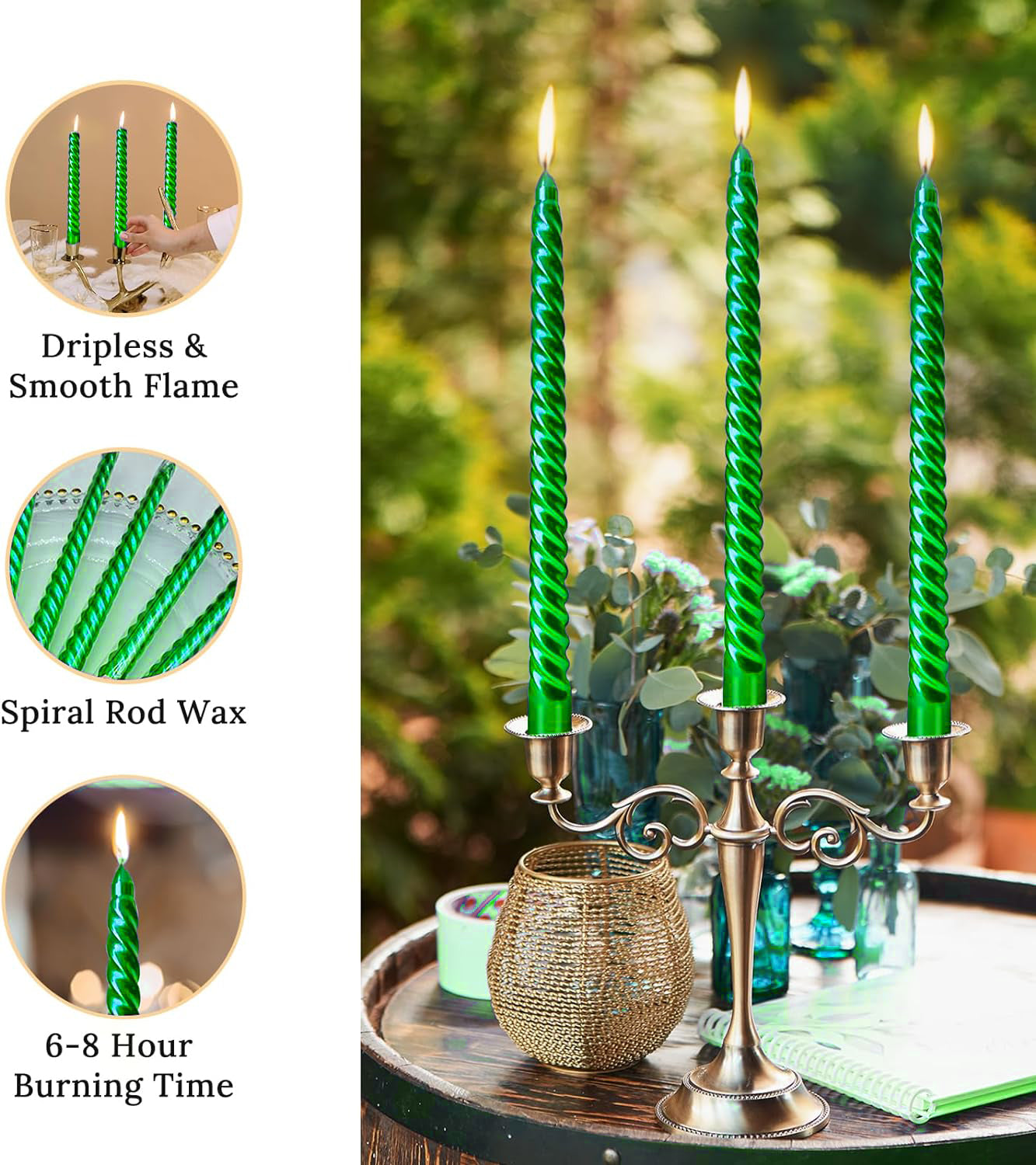 AuraDecor Spiral Taper Candles Set of 10, Unscented Dripless Candlesticks for Home Decor, Dinner, 10 Inch