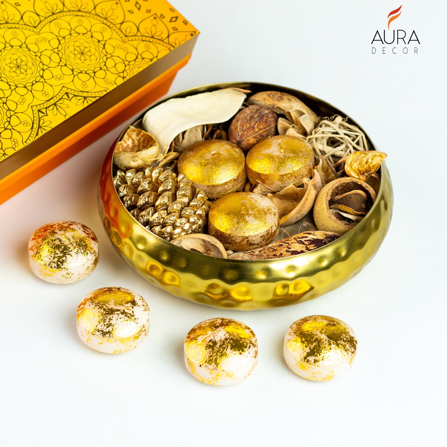 Bulk Buy AuraDecor Urli Gift Set with Floating Candles & Potpourri in a Gift Box ( MOQ 16 Pcs )