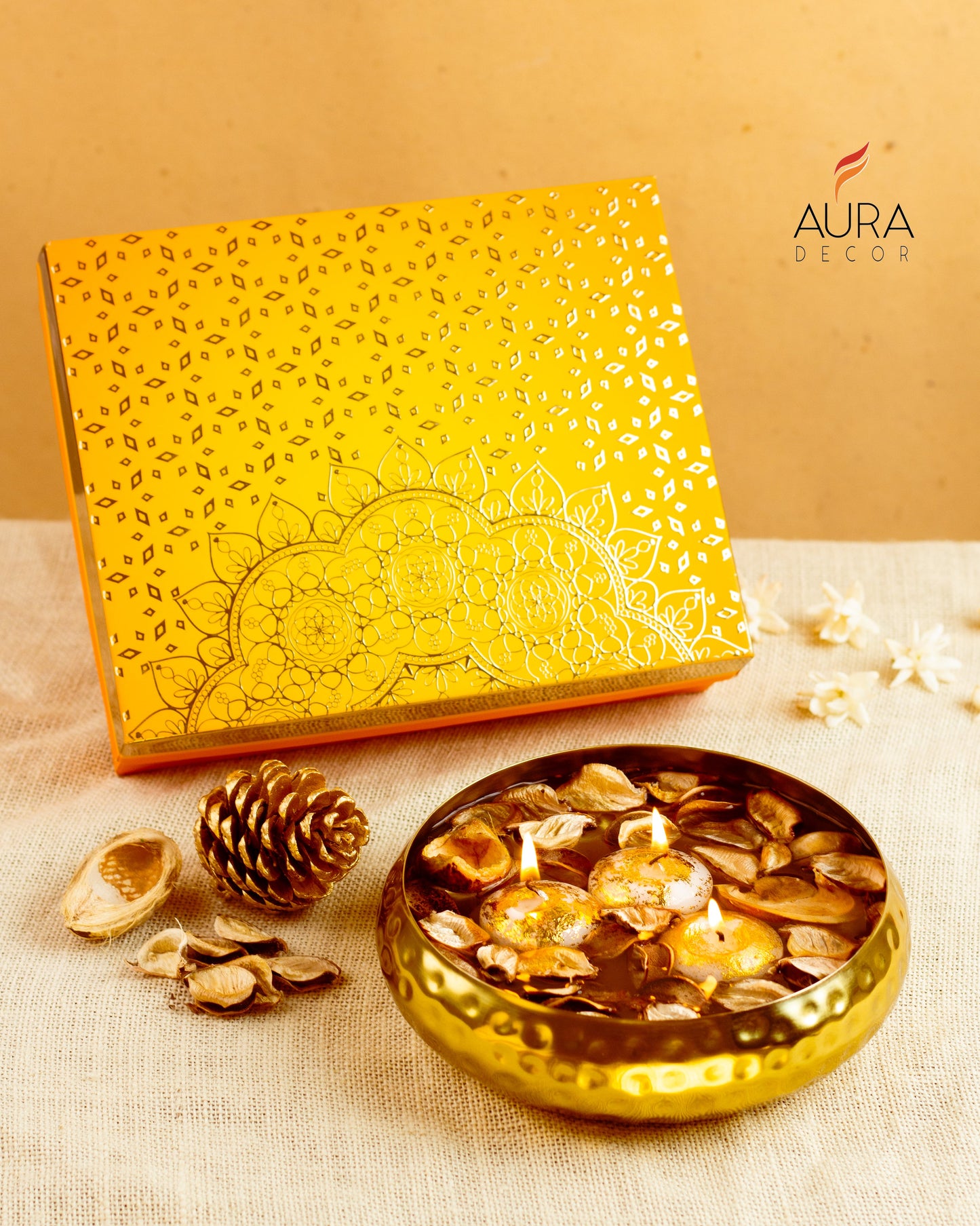 Bulk Buy AuraDecor Urli Gift Set with Floating Candles & Potpourri in a Gift Box ( MOQ 16 Pcs )
