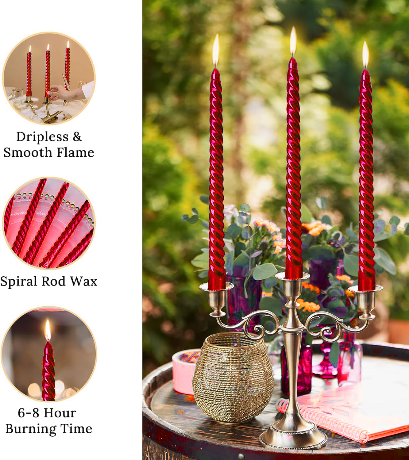 AuraDecor Spiral Taper Candles Set of 10, Unscented Dripless Candlesticks for Home Decor, Dinner, 10 Inch