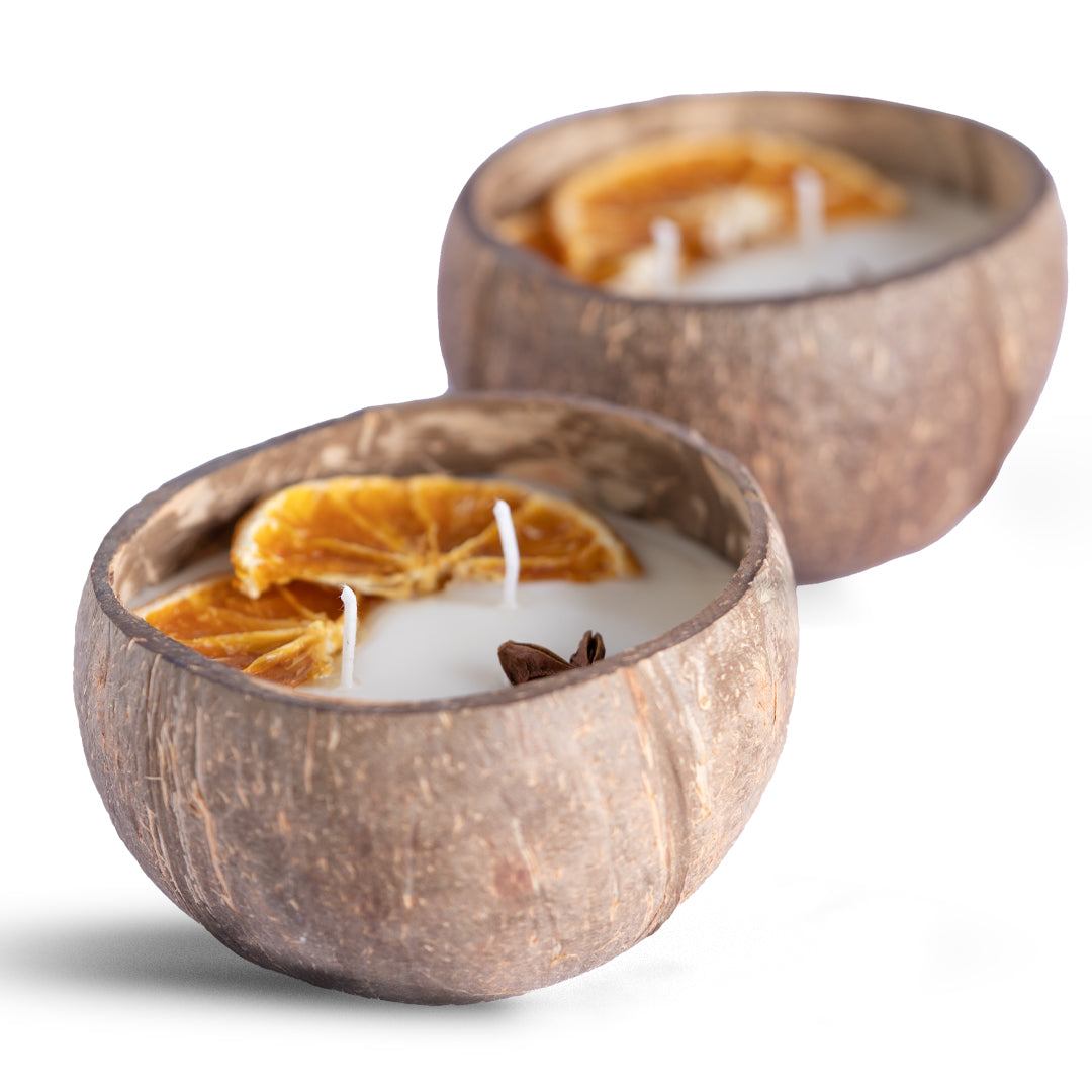 Coconut Shell Candle/Diya | Eco-Friendly Candles - Orange & Spice, Large 300gm (Set of 1)