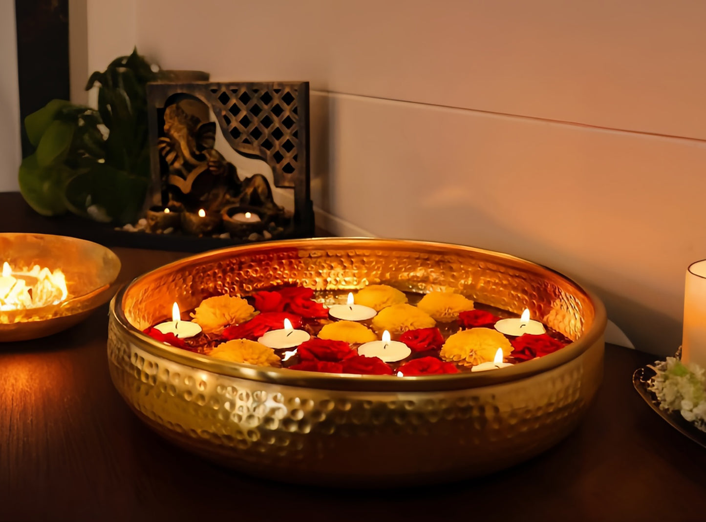 AuraDecor Decorative Urli Bowl for Floating Flowers, Potpourri and Tea-Light Candles Home, Office and Table Decor (Hammerd Golden Urli 12 Inch Dia)