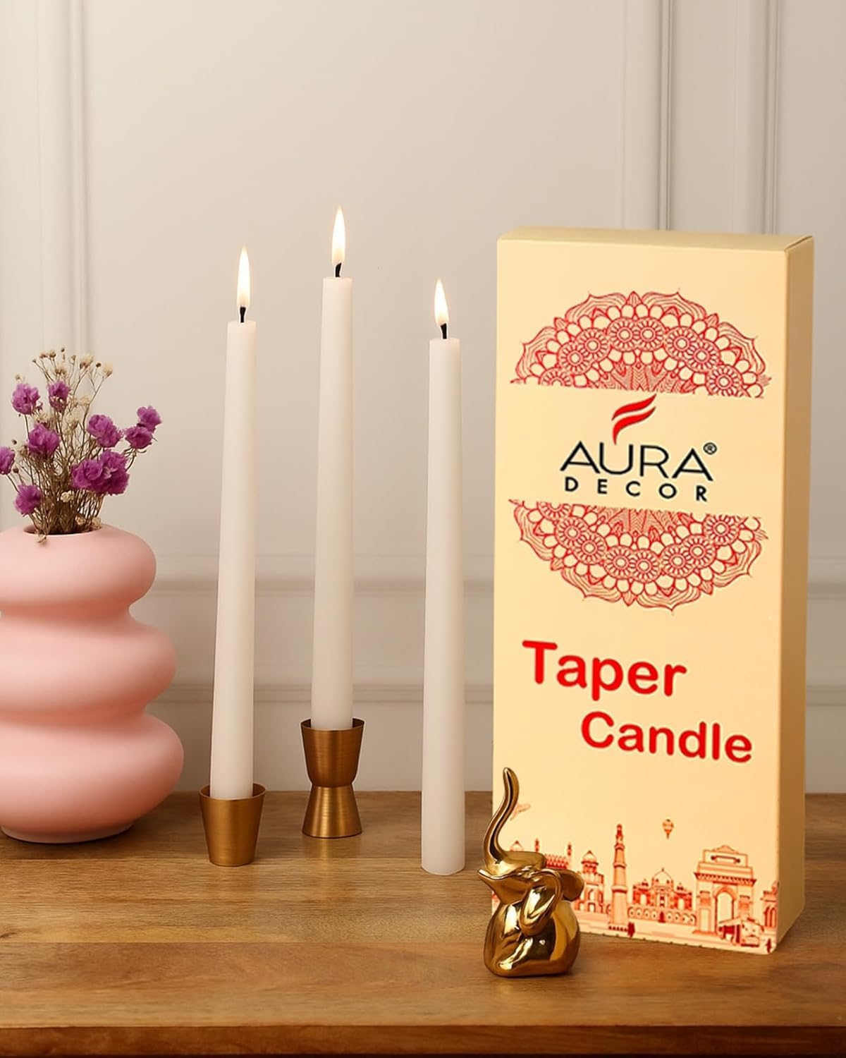 Auradecor Gold Metal Candle Stand Set with 4 Taper Candles
