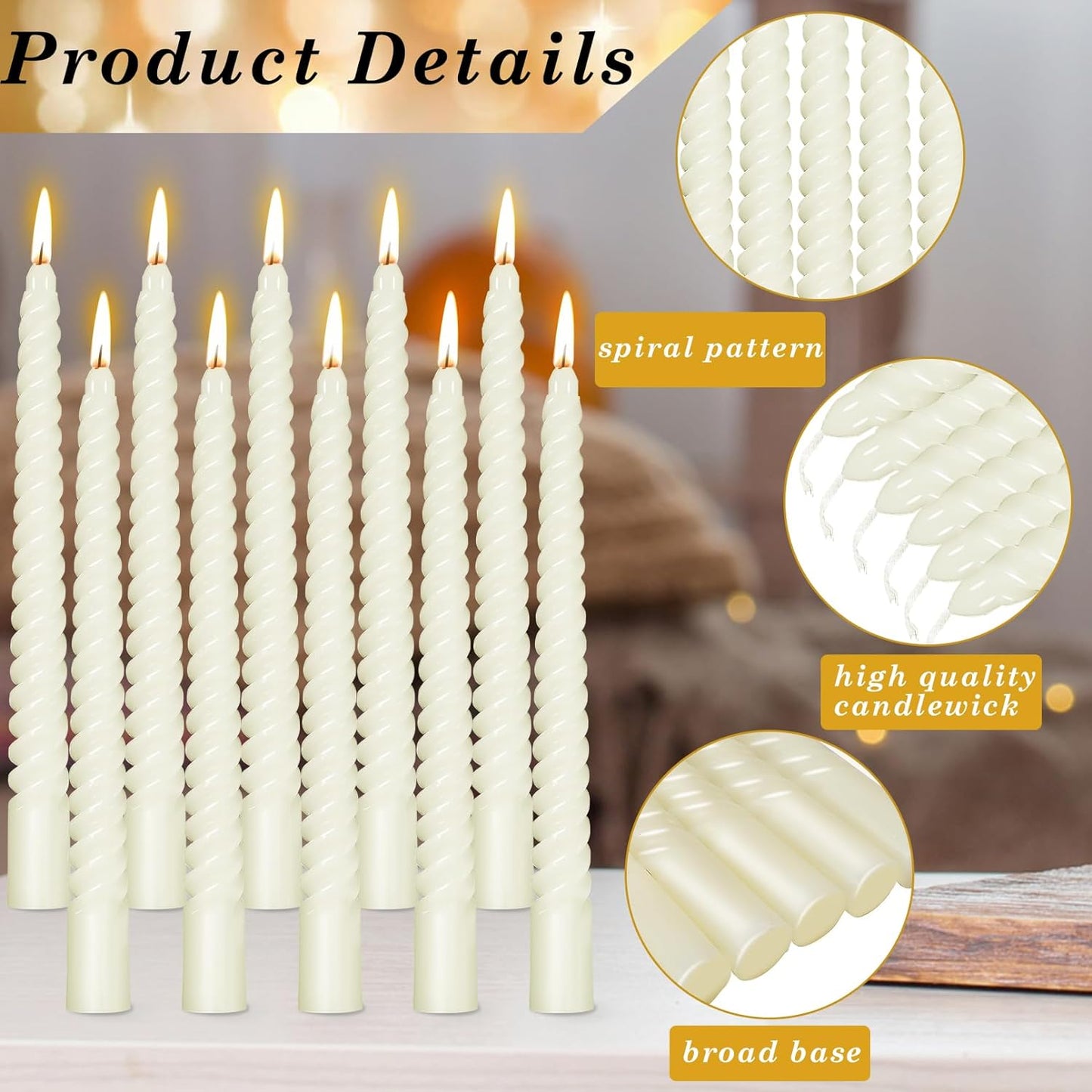 AuraDecor Spiral Taper Candles Set of 10, Unscented Dripless Candlesticks for Home Decor, Dinner, 10 Inch