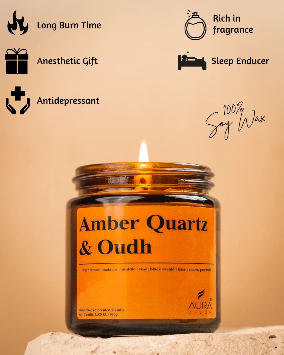 AuraDecor Amber Jar 100gm , Soya Wax Jar Candle , Premium Fragrances