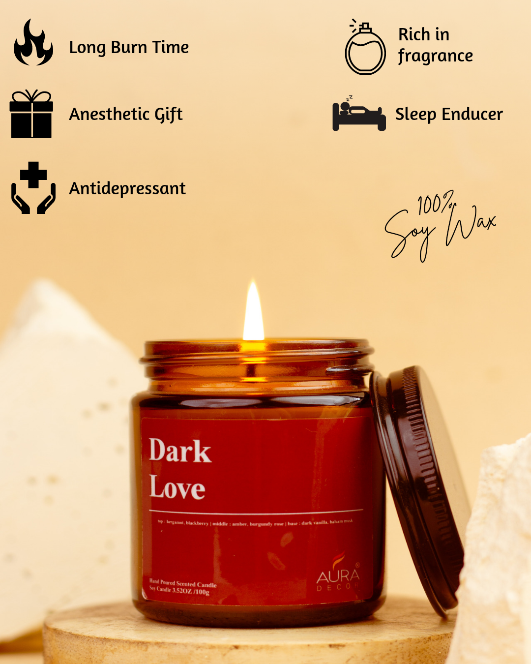 AuraDecor Amber Jar 100gm , Soya Wax Jar Candle , Premium Fragrances