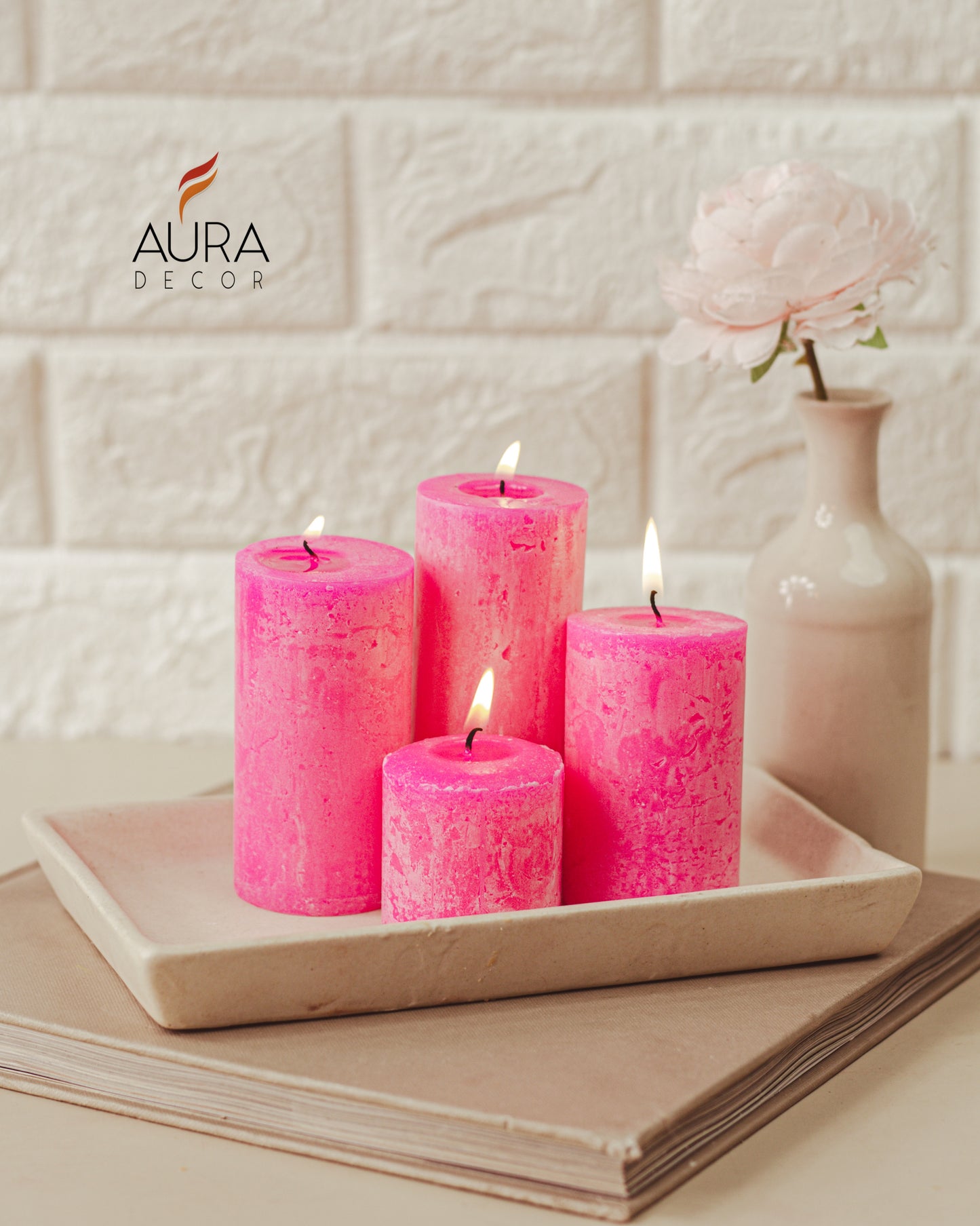 Set of 4 Pillar Candles (Marble Finish) ( Rose Fragrance )