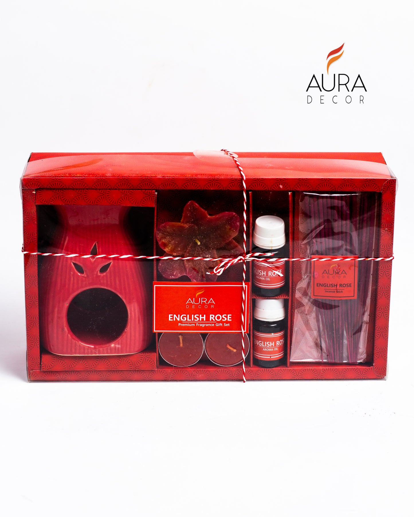 AuraDecor Aroma Diffuser Gift Set with Incense Sticks & Floating Candles ( Red , English Rose ) GS-15