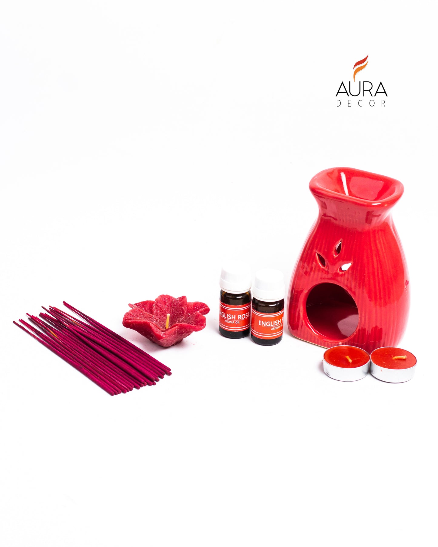 AuraDecor Aroma Diffuser Gift Set with Incense Sticks & Floating Candles ( Red , English Rose ) GS-15