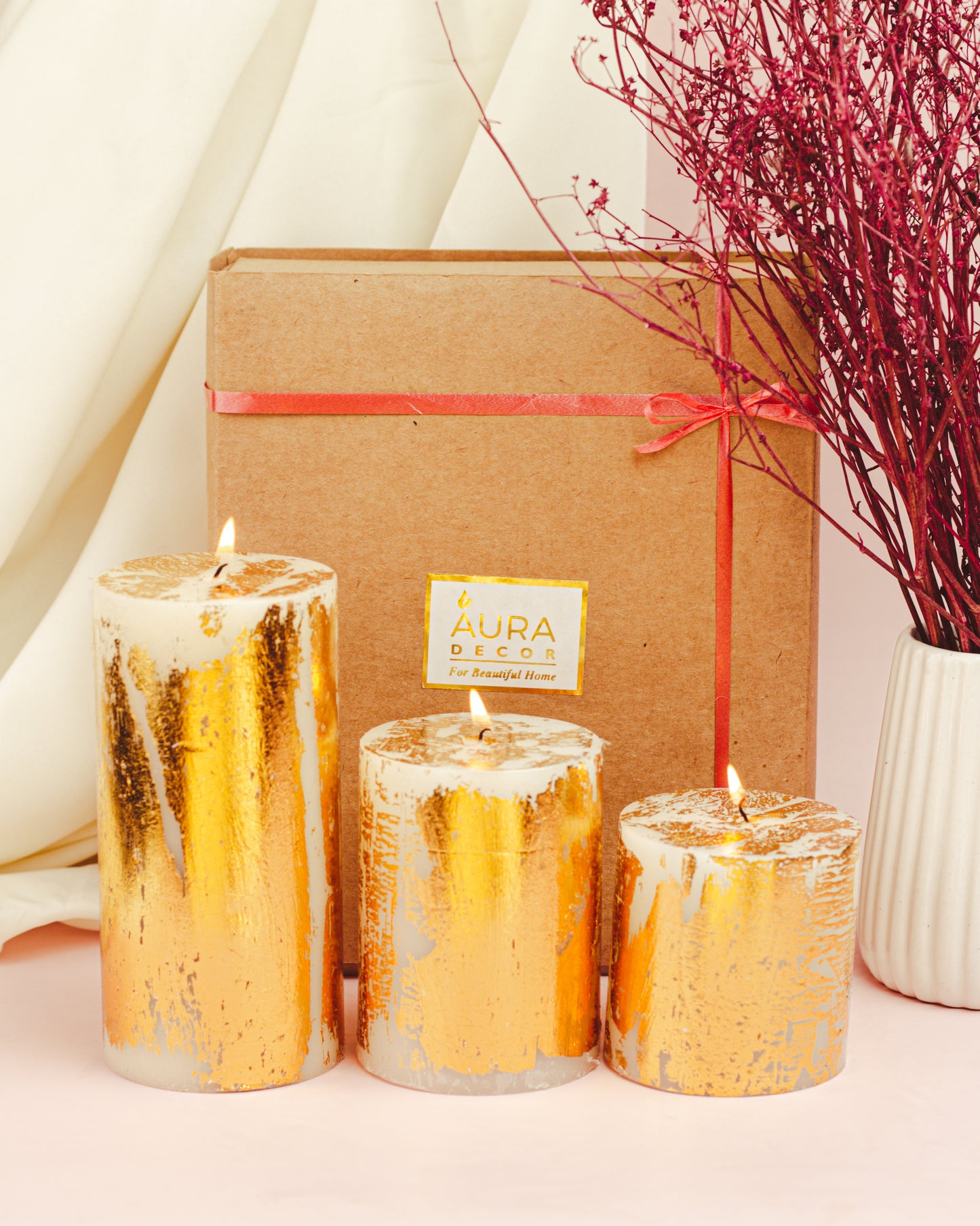 AuraDecor Set of 3 Gold Dust Pillar Candles ( 3, 4, 6 Inches )