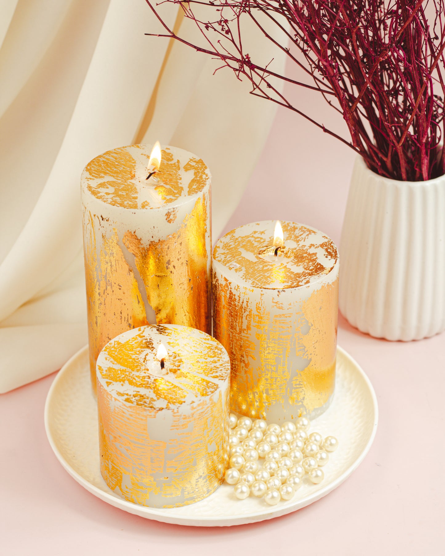AuraDecor Set of 3 Gold Dust Pillar Candles ( 3, 4, 6 Inches )