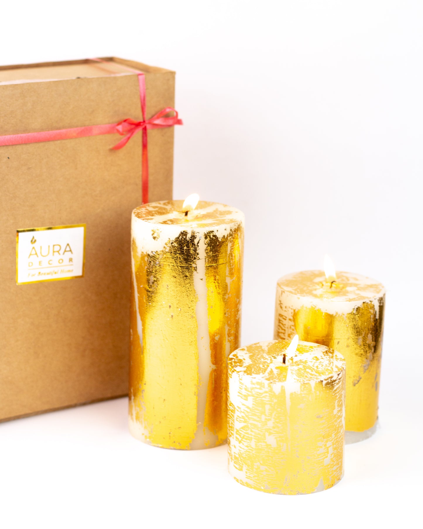 AuraDecor Set of 3 Gold Dust Pillar Candles ( 3, 4, 6 Inches )