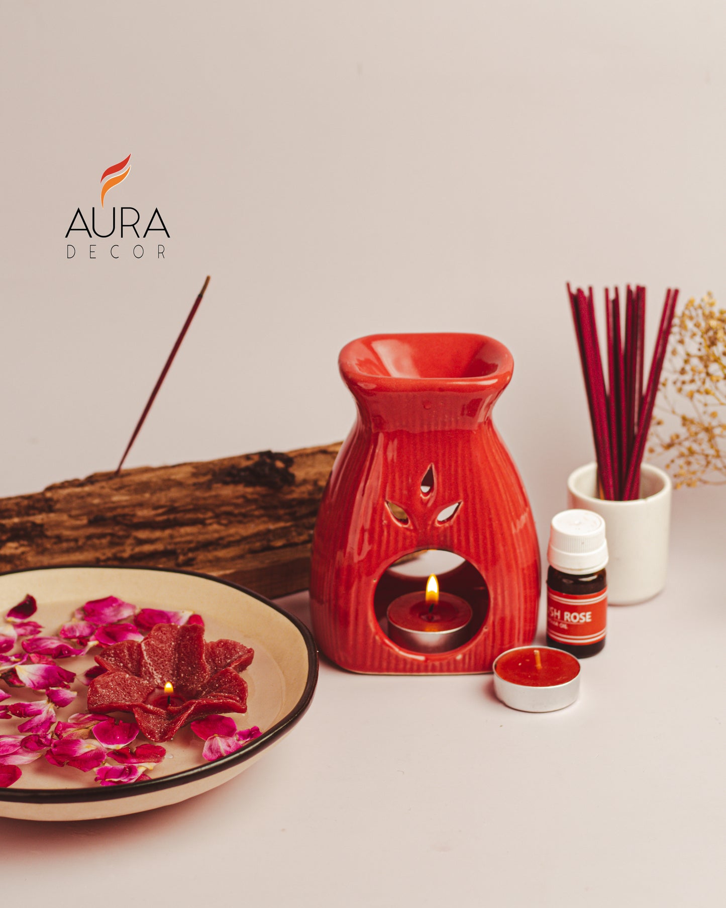 AuraDecor Aroma Diffuser Gift Set with Incense Sticks & Floating Candles ( Red , English Rose ) GS-15