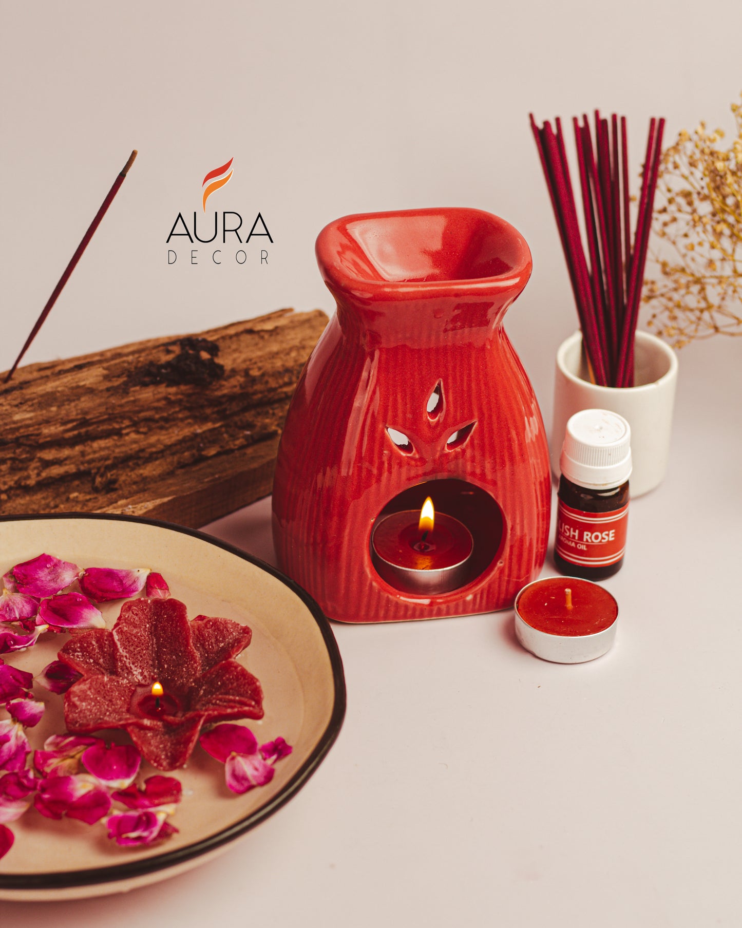 AuraDecor Aroma Diffuser Gift Set with Incense Sticks & Floating Candles ( Red , English Rose ) GS-15