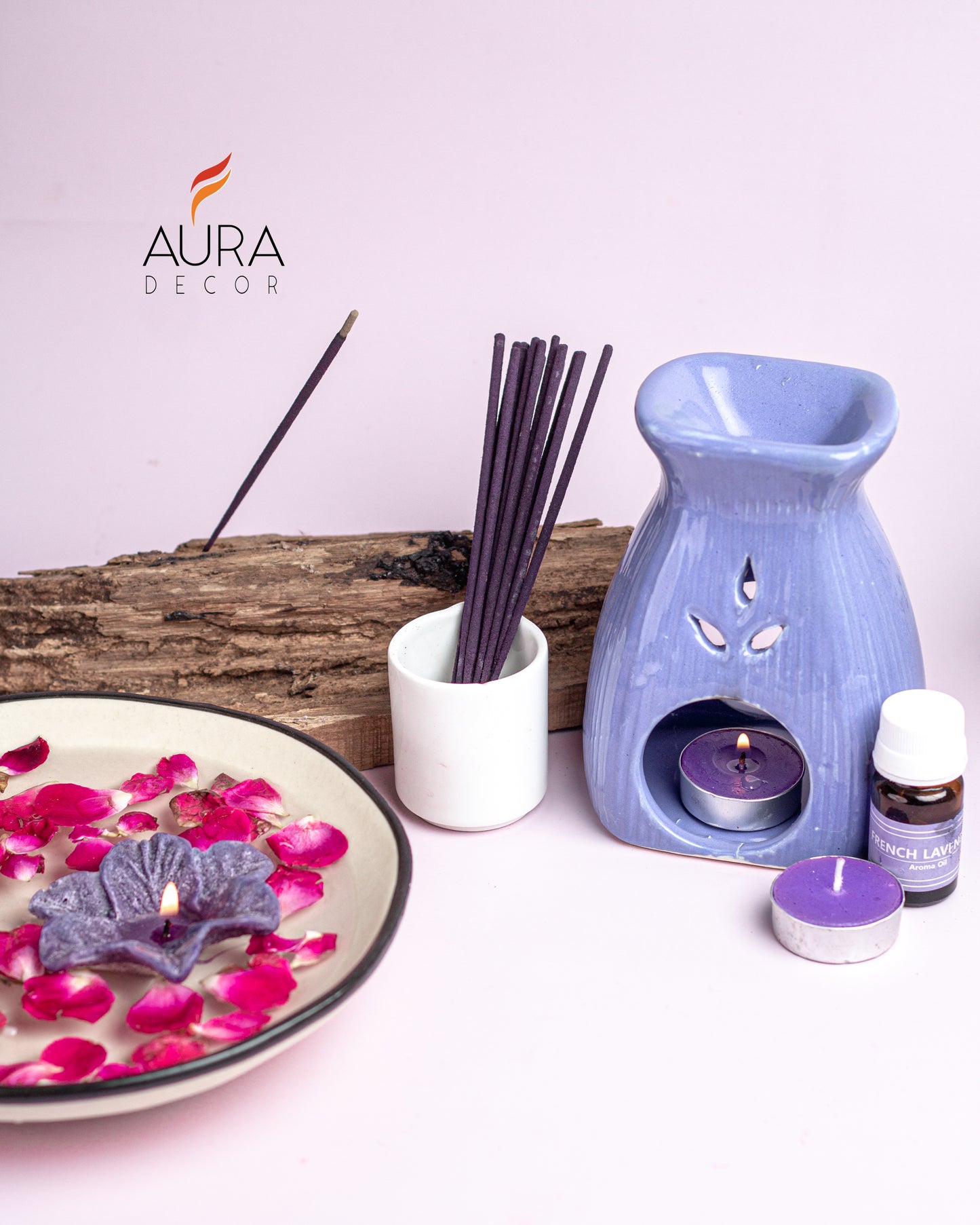 AuraDecor Aroma Diffuser Gift Set with Incense Sticks & Floating Candles ( Lavender Blue ) GS-15