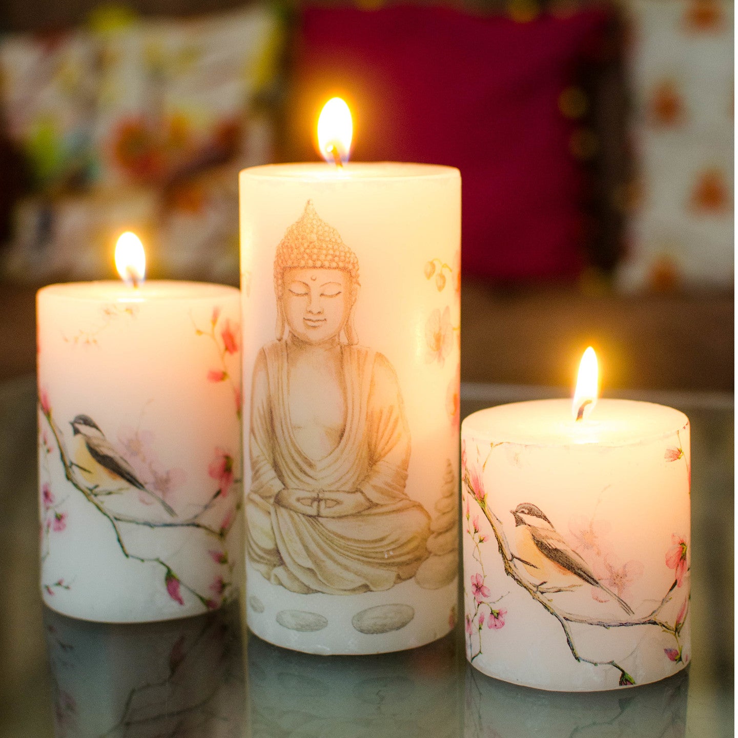 Set of 3 Buddha Image Printed Pillar Candles in a Gift Set - auradecor.co.in