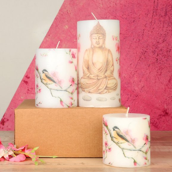 Set of 3 Buddha Image Printed Pillar Candles in a Gift Set