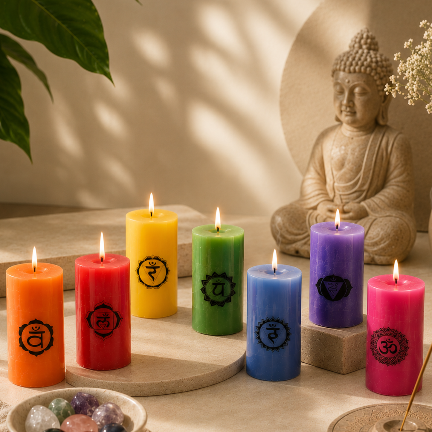 Bulk Buy AuraDecor 7 Chakras Pillar Candles with 7 Chakras Gems ( 15 Sets )