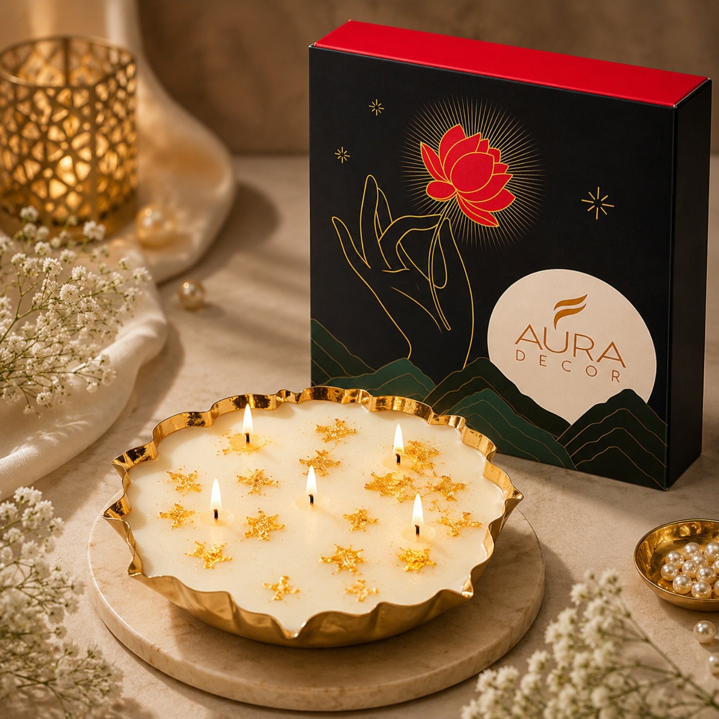 Single Lotus Urli Candle Gift Set (Oudh fragrance) || Festival gift set ||