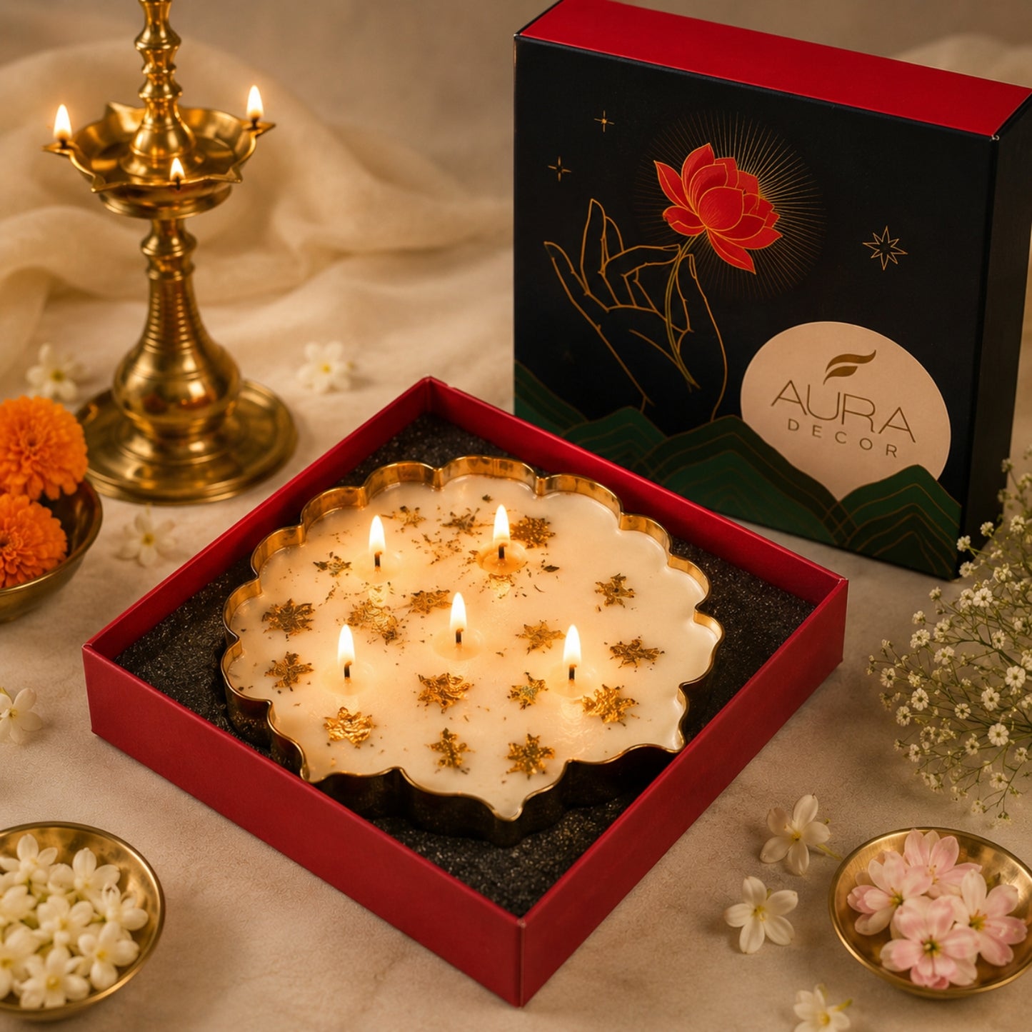 Single Lotus Urli Candle Gift Set (Oudh fragrance) || Festival gift set ||