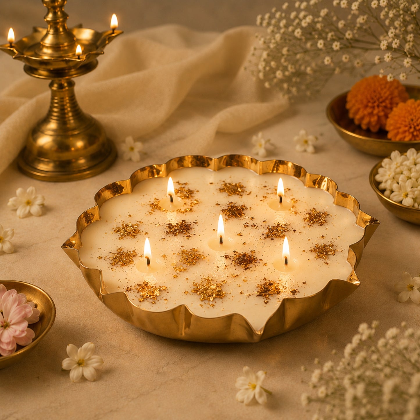 Single Lotus Urli Candle Gift Set (Oudh fragrance) || Festival gift set ||