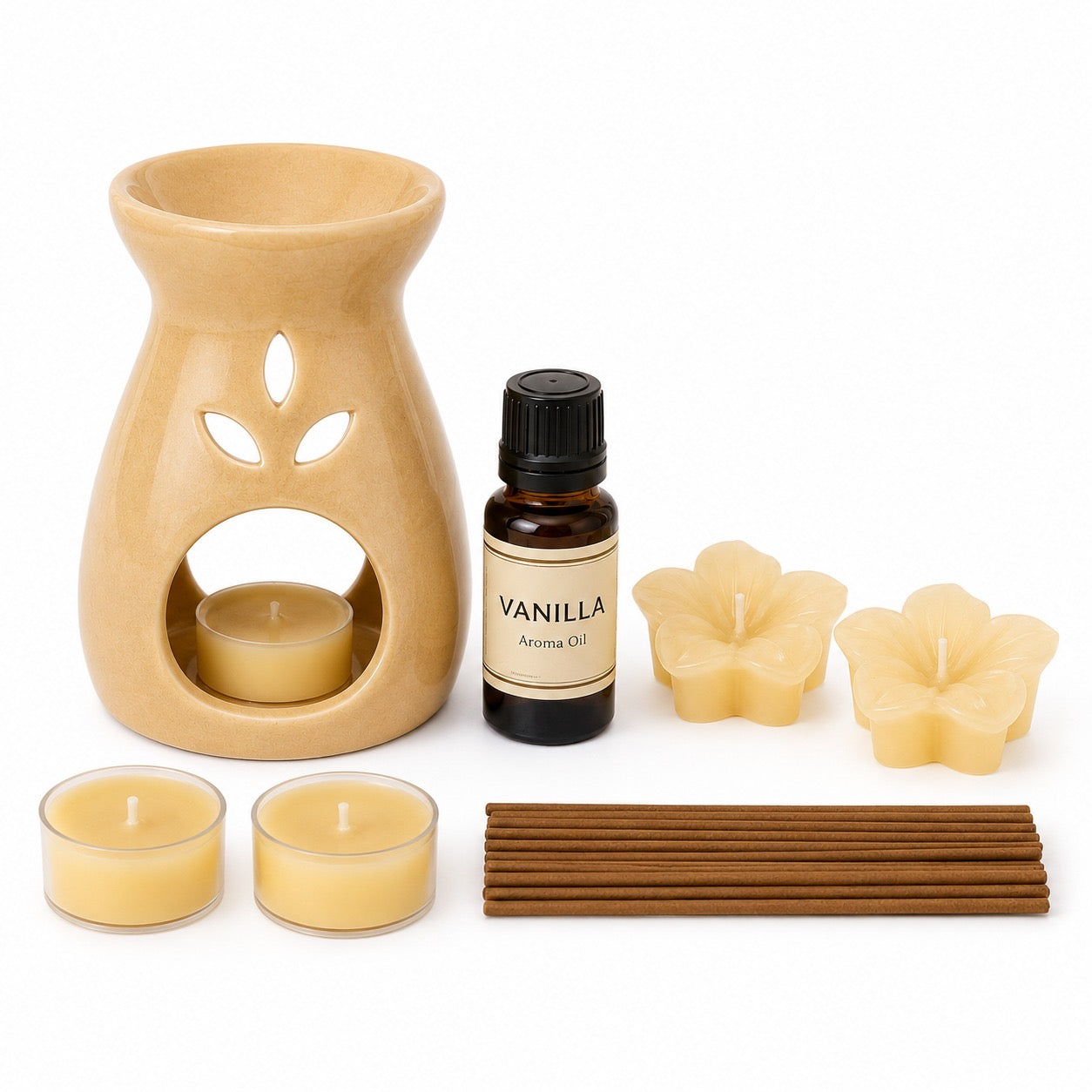 AuraDecor Premium Aroma Gift Set - 15 with Ceramic Diffuser Burner, Vanilla Aroma Oil, Tealight Candles, Floating Candles, Incense Sticks(Vanilla)