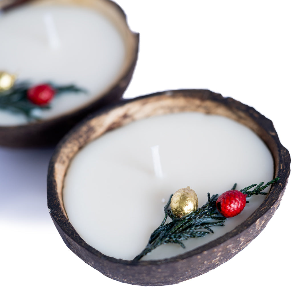 Coconut Shell Christmas Candle/Diya | Eco-Friendly Scented Soy Wax Set of 2