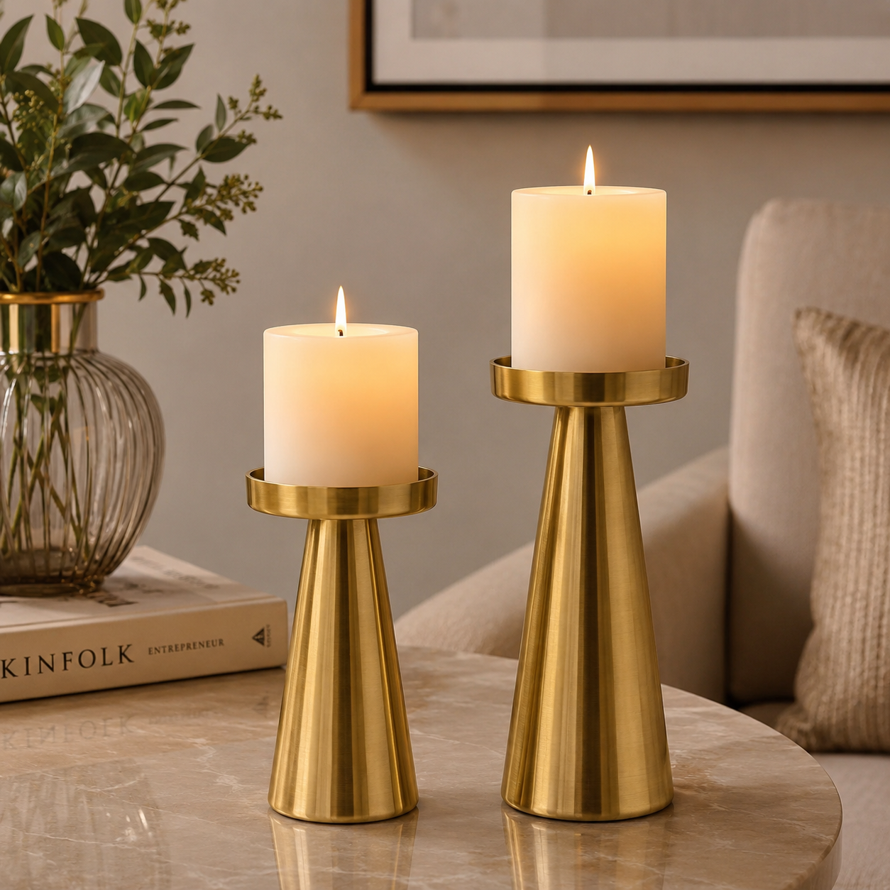 Gold Metal Pillar Candle Holders Set of 2 – Modern Decorative Candle Holder Stands