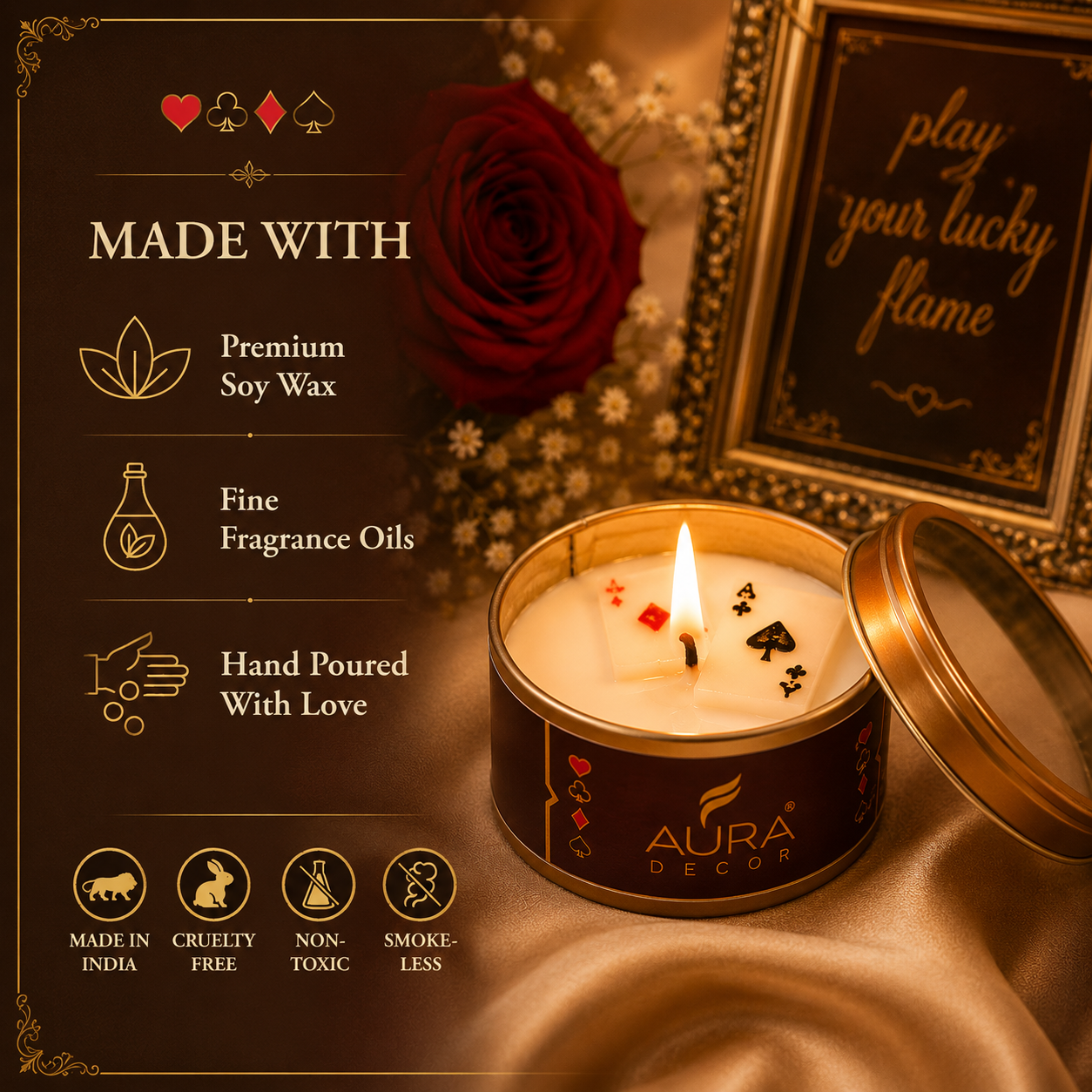 AuraDecor Playing Card Tin Scented Candle Set | Premium Soy Wax Candle Gift Set | Play Your Lucky Flame