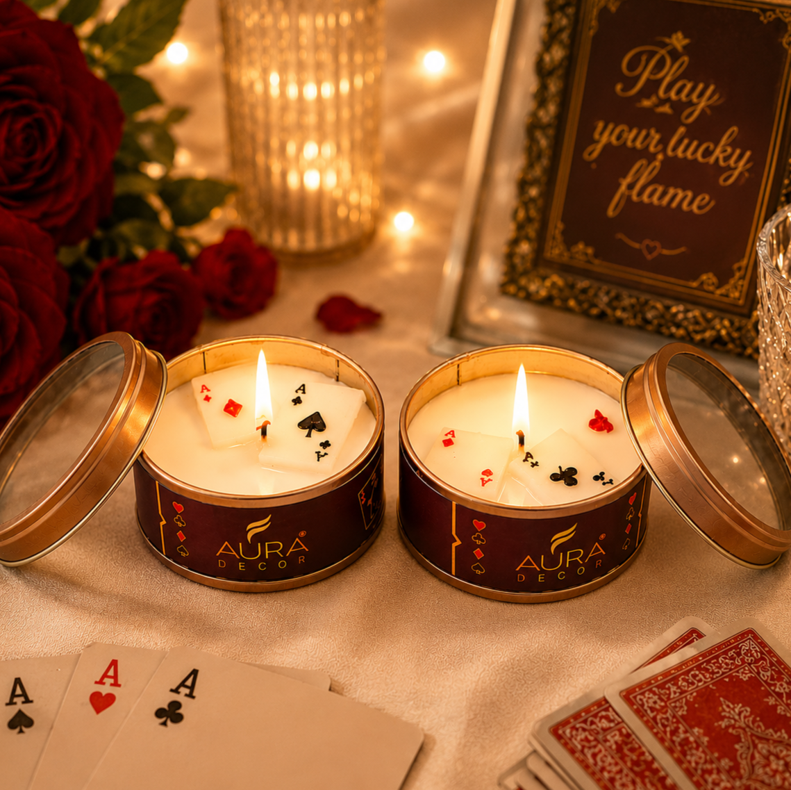 AuraDecor Playing Card Tin Scented Candle Set | Premium Soy Wax Candle Gift Set | Play Your Lucky Flame