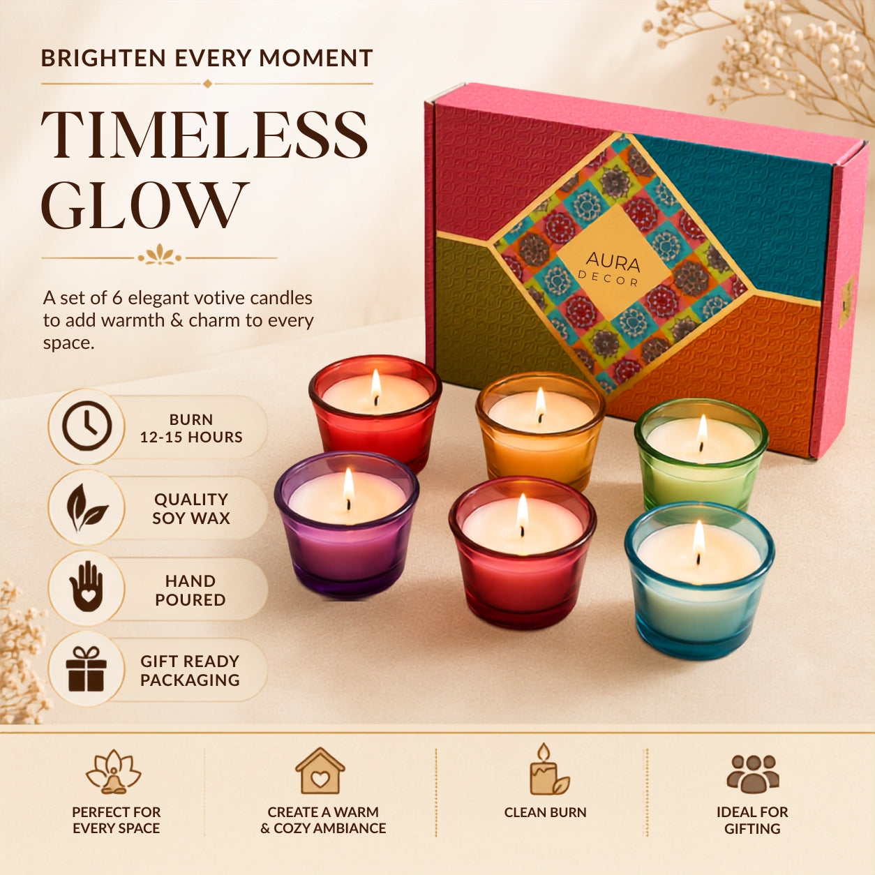 Bulk Buy AuraDecor Makkhan Pot Votive Candle Gift Set | Set of 6 Soy Wax (Master pack of 20pcs)