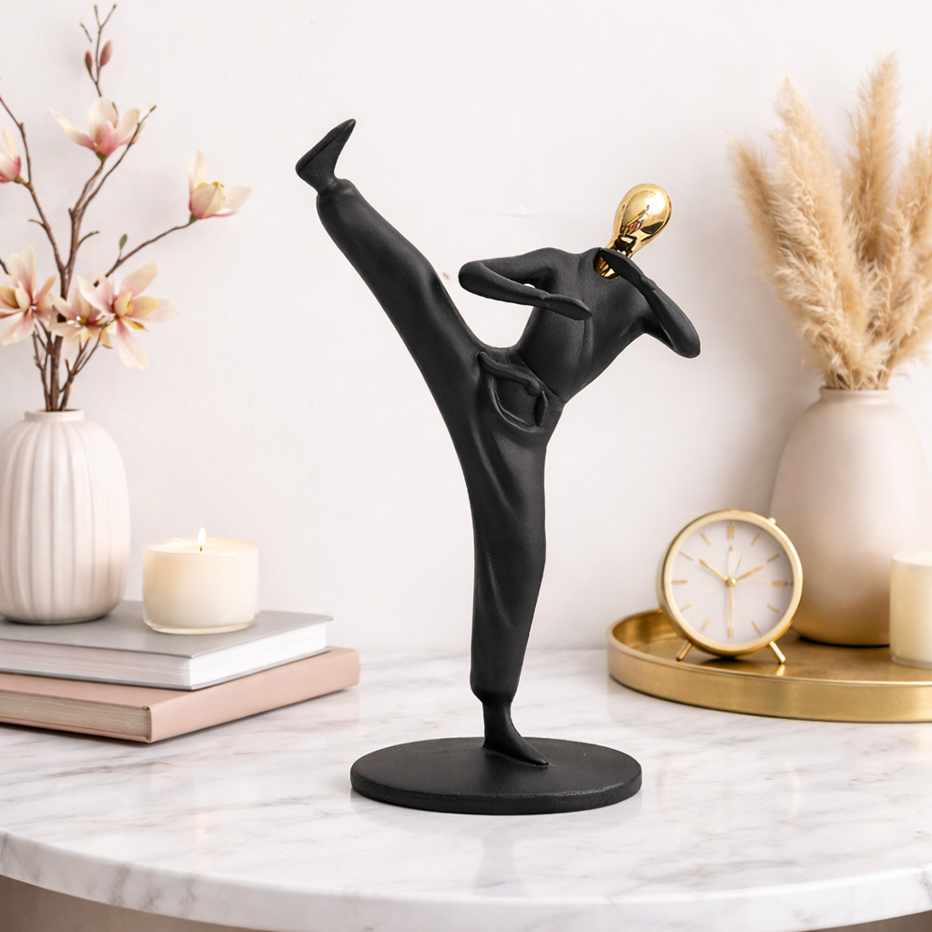 AuraDecor Martial Artist Figurine, Modern Abstract Resin Showpiece in Black & Gold