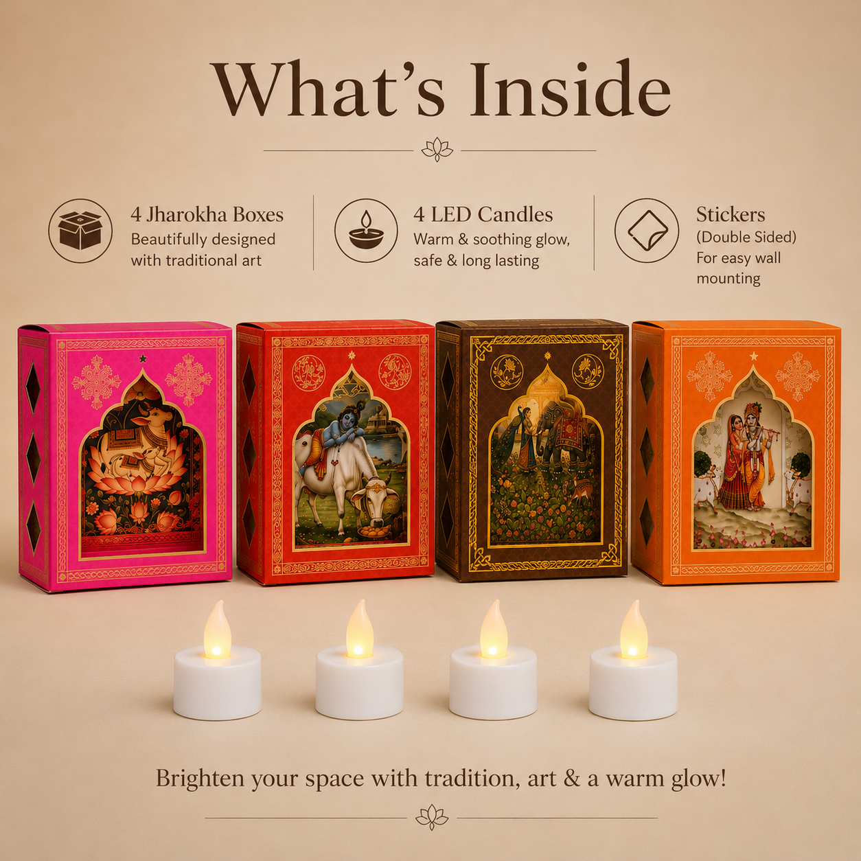 Traditional Jharokha Wall Decor Set with LED Candles | Festive Indian Home Decoration