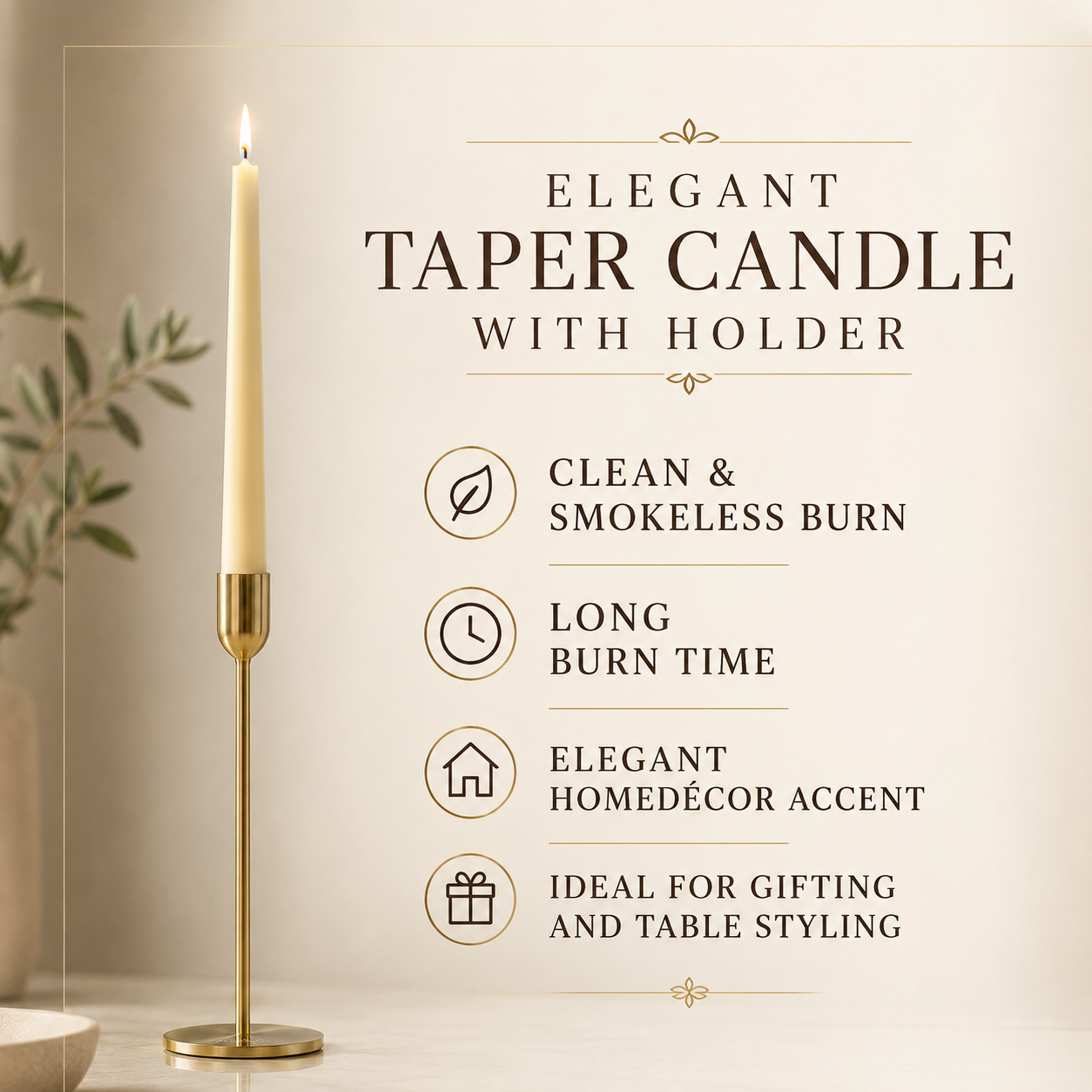AuraDecor Luxury Dinner Candle Set with Gold Metal Holder | 10-Inch Taper Candle | Premium Table Decor & Gift Set